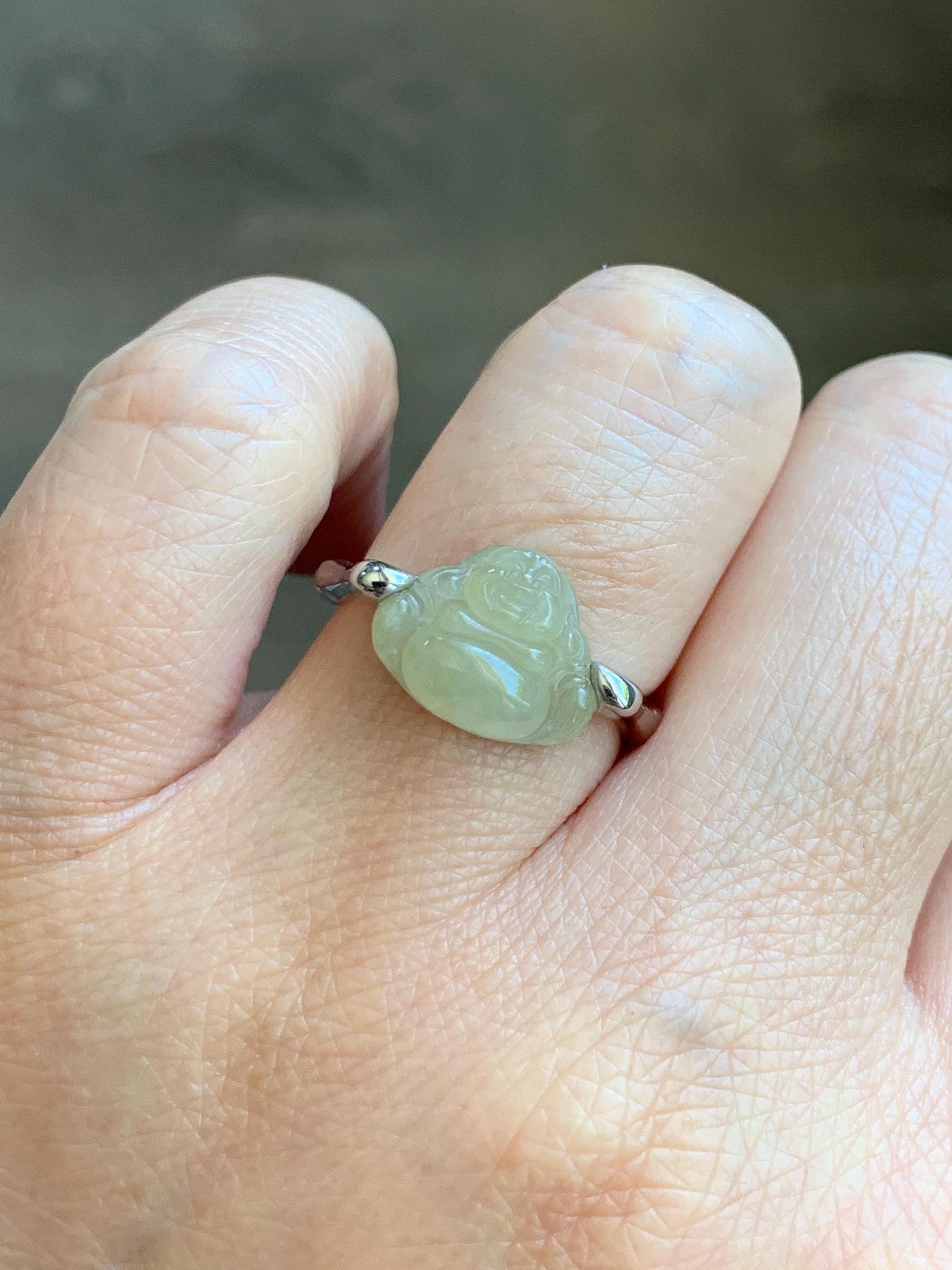 Certified Natural Grade A Icy Translucent Pastel Yellow Jade Jadeite Buddha Bamboo Ring Sterling Silver Size 7.25 US 天然冰糖黄翡翠佛公竹节款戒指 230
