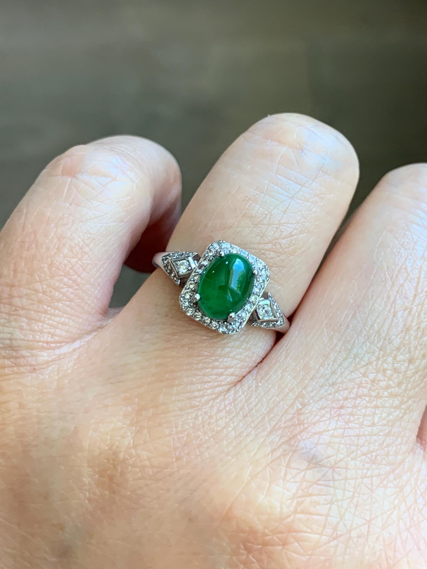 Natural Grade A Guatemalan Icy Translucent Vibrant Green Jade Jadeite Halo Ring Sterling Silver Size Adjustable 天然冰危绿翡翠戒指 WLO110