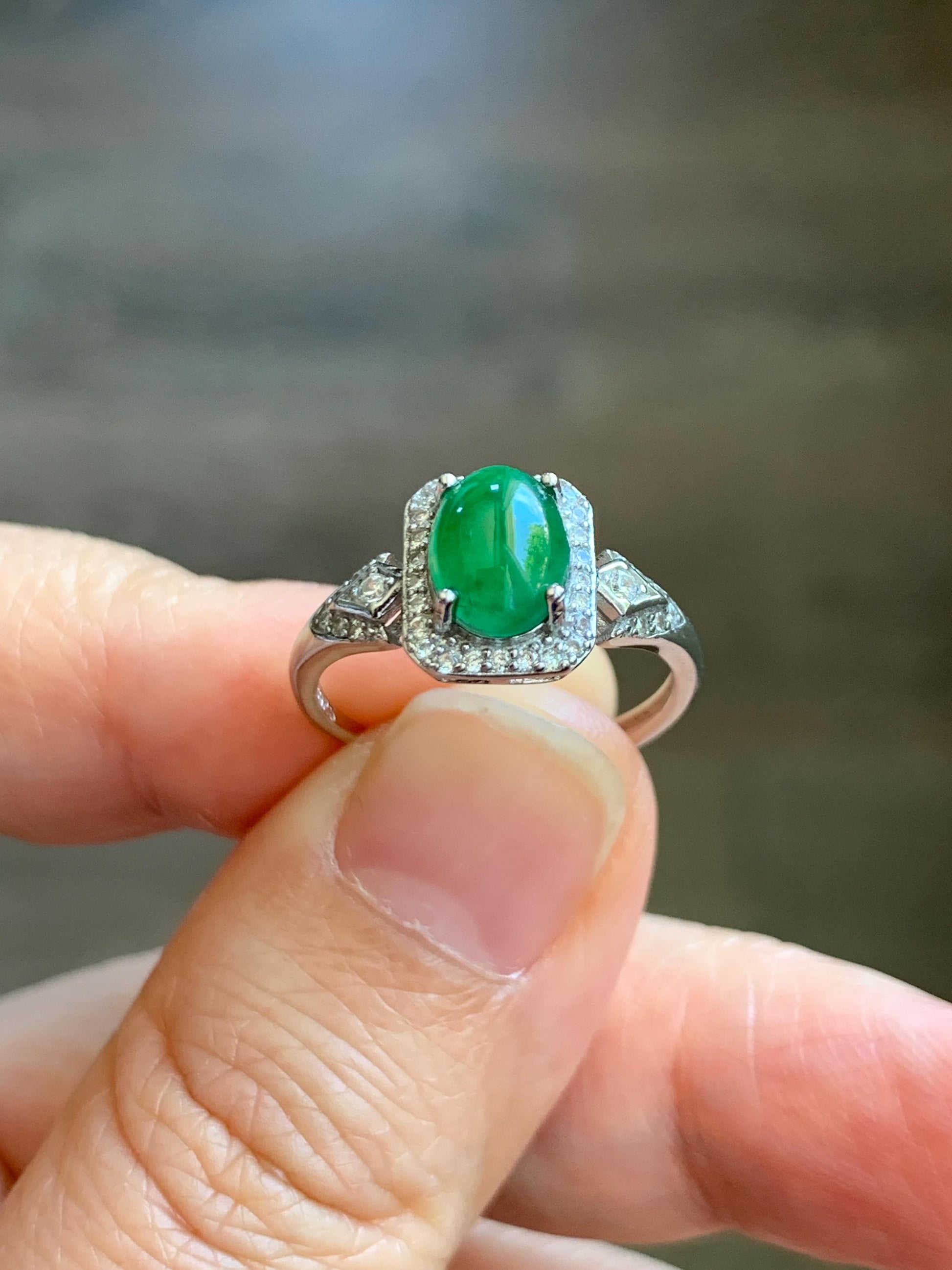 Natural Grade A Guatemalan Icy Translucent Vibrant Green Jade Jadeite Halo Ring Sterling Silver Size Adjustable 天然冰危绿翡翠戒指 WLO110