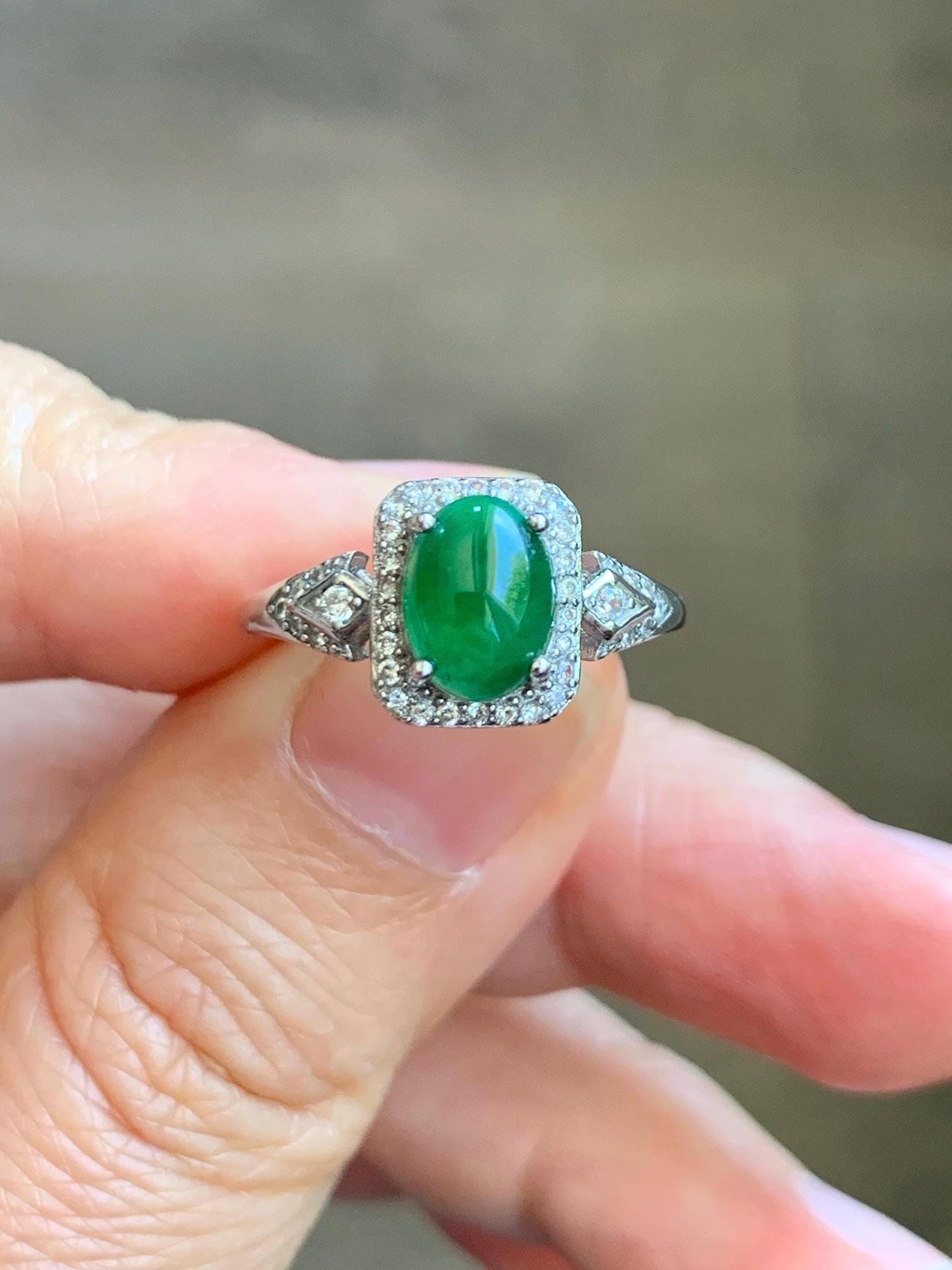 Natural Grade A Guatemalan Icy Translucent Vibrant Green Jade Jadeite Halo Ring Sterling Silver Size Adjustable 天然冰危绿翡翠戒指 WLO110