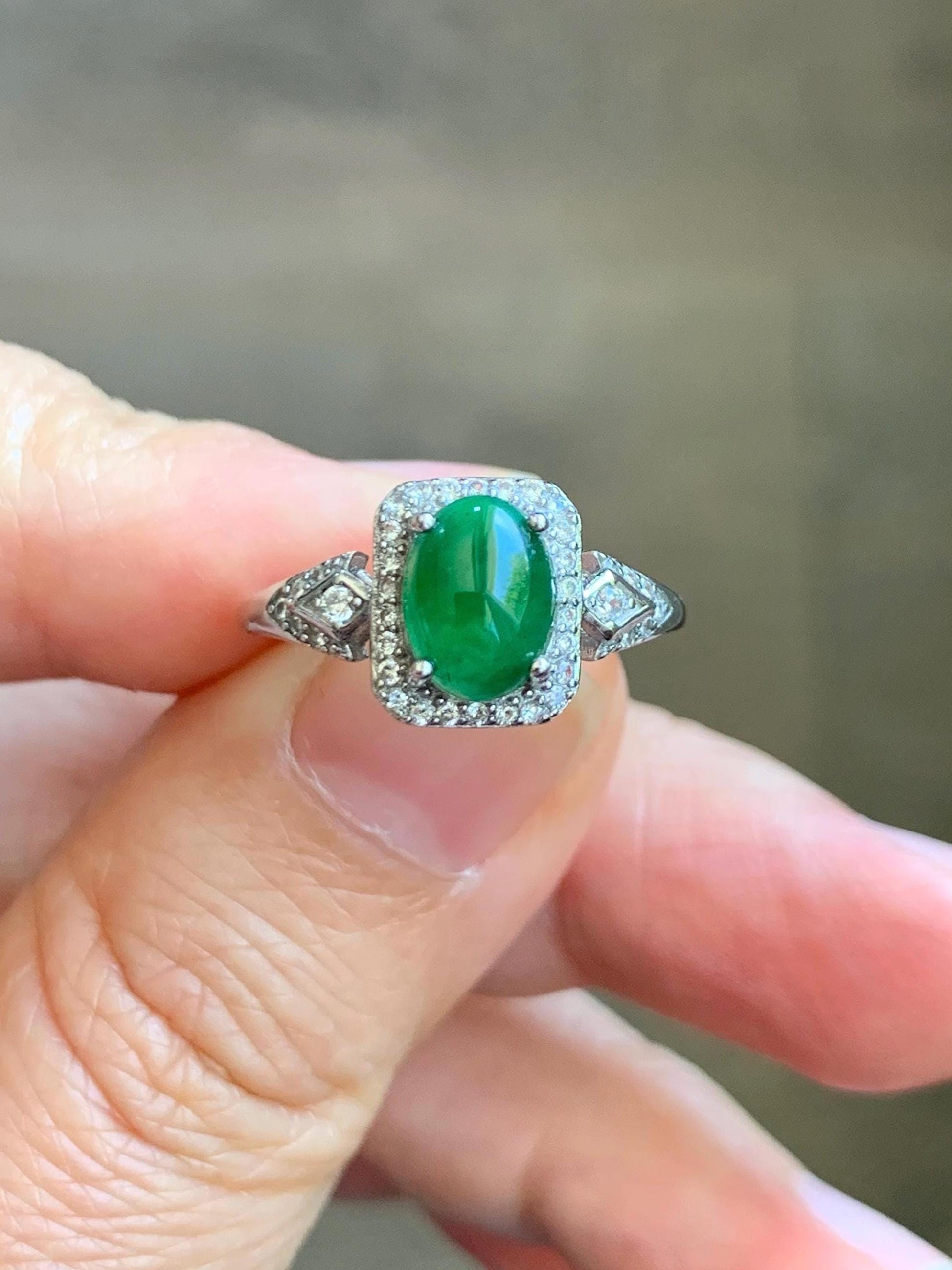 Natural Grade A Guatemalan Icy Translucent Vibrant Green Jade Jadeite Halo Ring Sterling Silver Size Adjustable 天然冰危绿翡翠戒指 WLO110