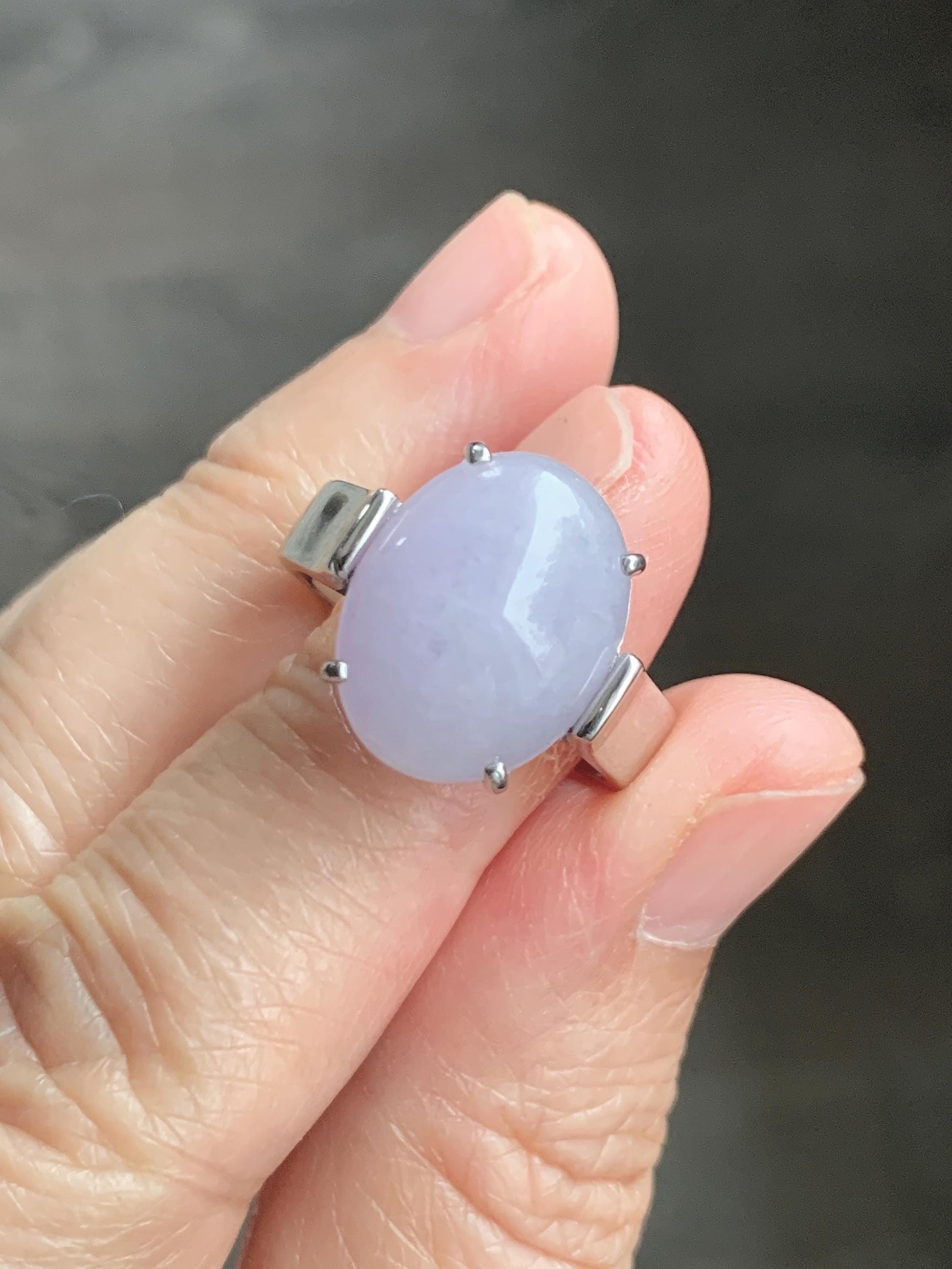 Certified Natural Grade A Icy Translucent Light Purple Large Oval Jade Jadeite Ring Sterling Silver size 7.25 US 6.07g 天然冰淡紫翡翠镶嵌戒指 245