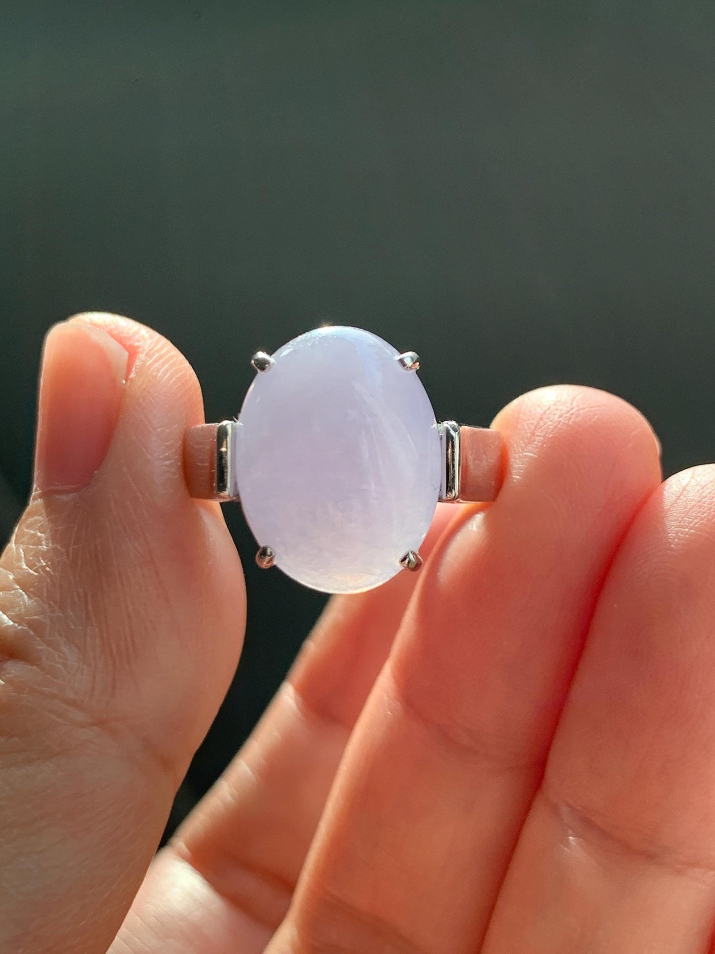 Certified Natural Grade A Icy Translucent Light Purple Large Oval Jade Jadeite Ring Sterling Silver size 7.25 US 6.07g 天然冰淡紫翡翠镶嵌戒指 245