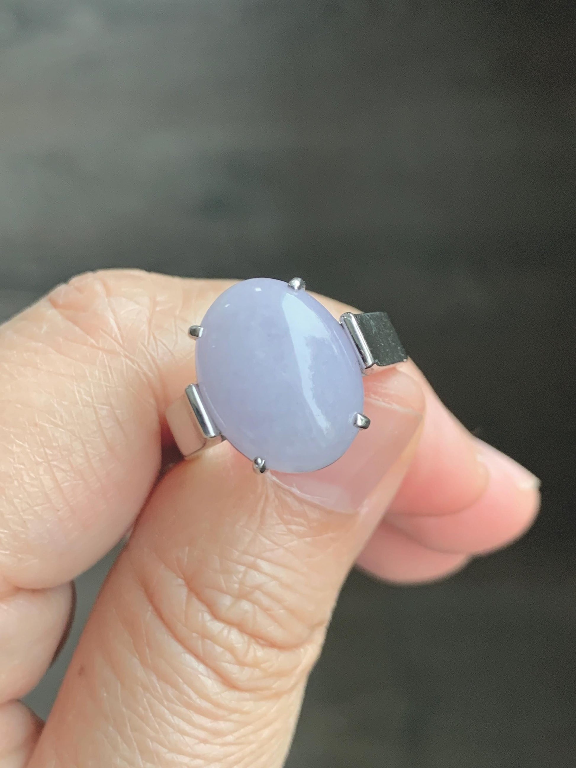 Certified Natural Grade A Icy Translucent Light Purple Large Oval Jade Jadeite Ring Sterling Silver size 7.25 US 6.07g 天然冰淡紫翡翠镶嵌戒指 245