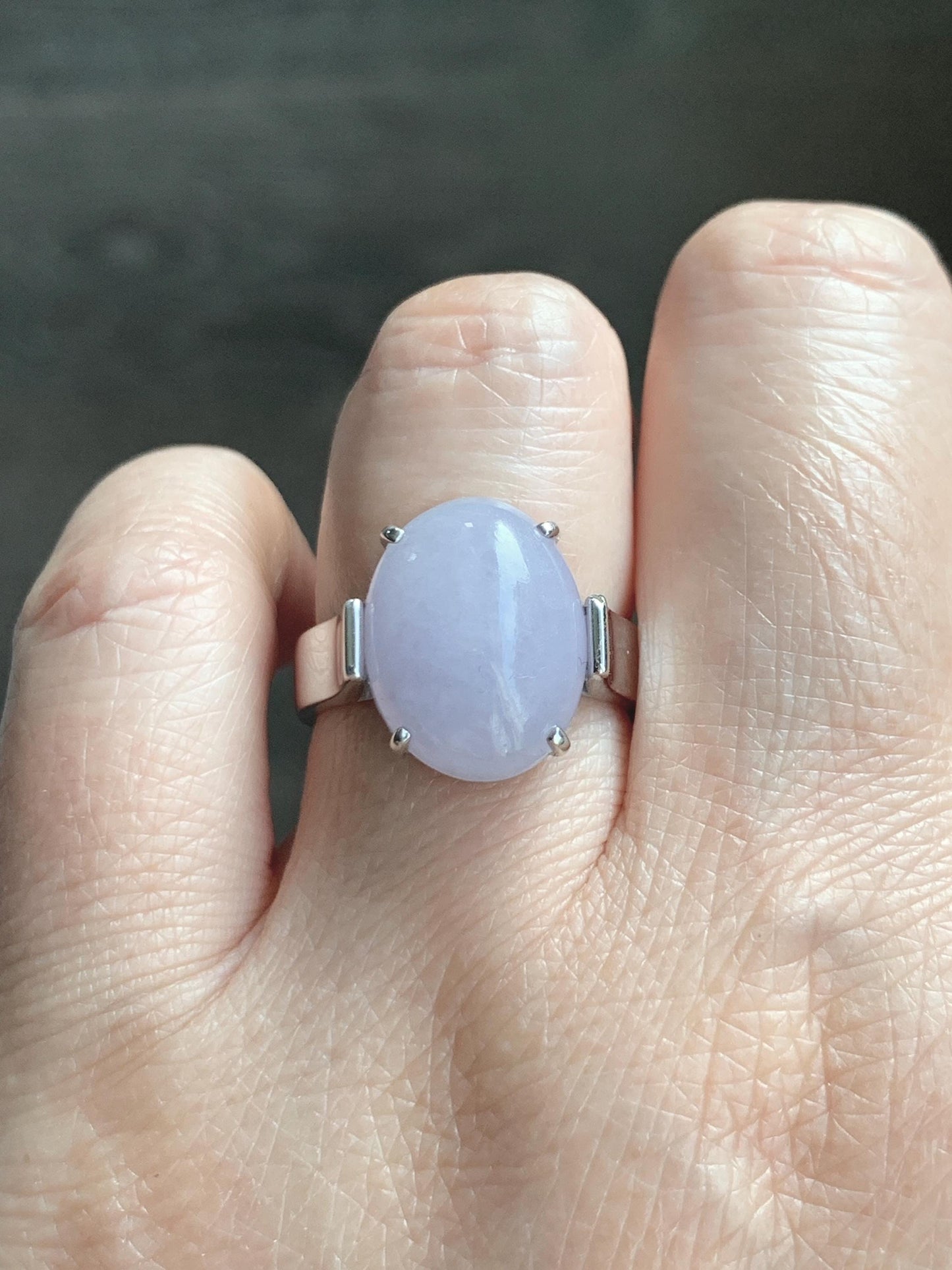 Certified Natural Grade A Icy Translucent Light Purple Large Oval Jade Jadeite Ring Sterling Silver size 7.25 US 6.07g 天然冰淡紫翡翠镶嵌戒指 245