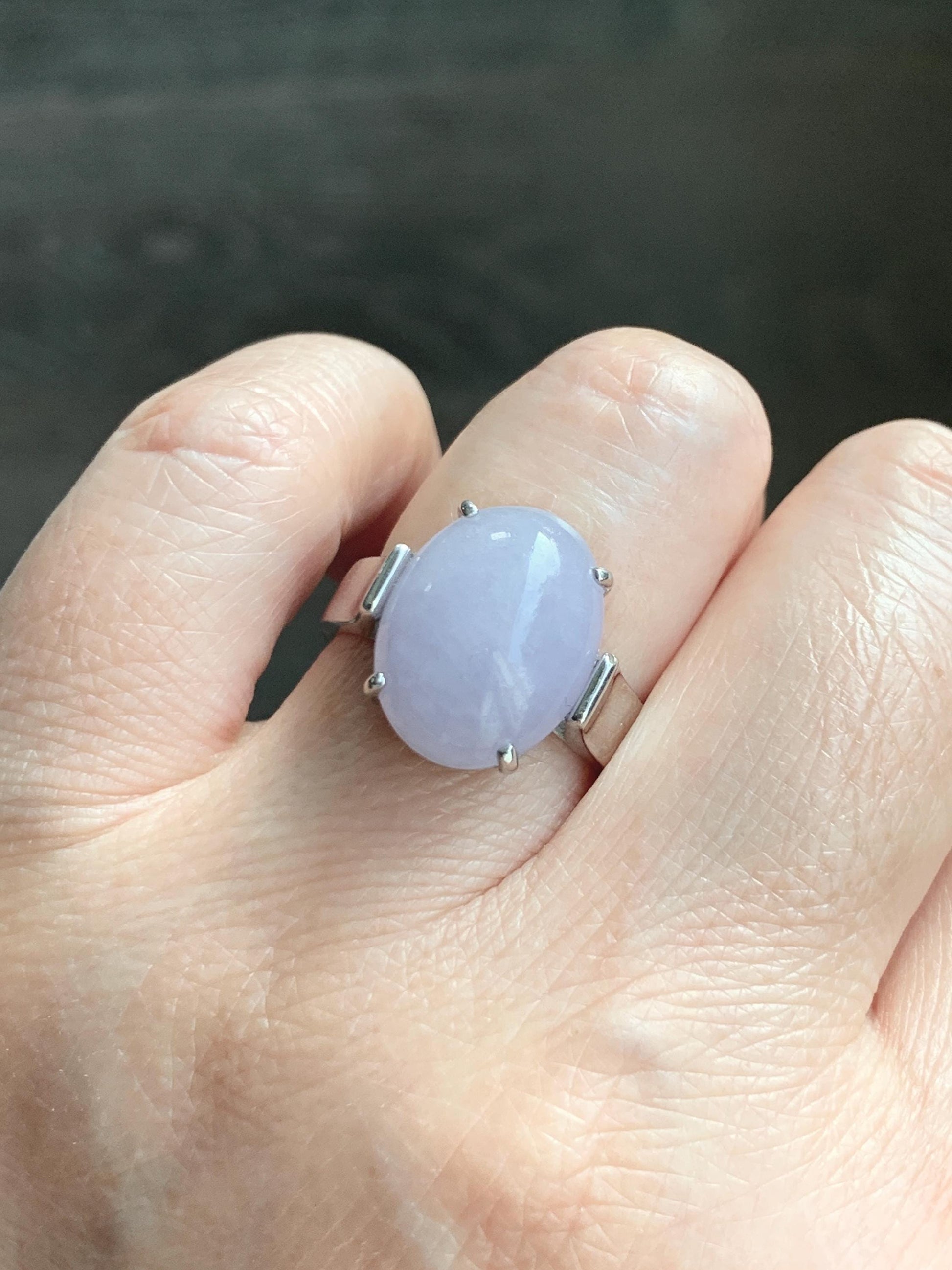 Certified Natural Grade A Icy Translucent Light Purple Large Oval Jade Jadeite Ring Sterling Silver size 7.25 US 6.07g 天然冰淡紫翡翠镶嵌戒指 245