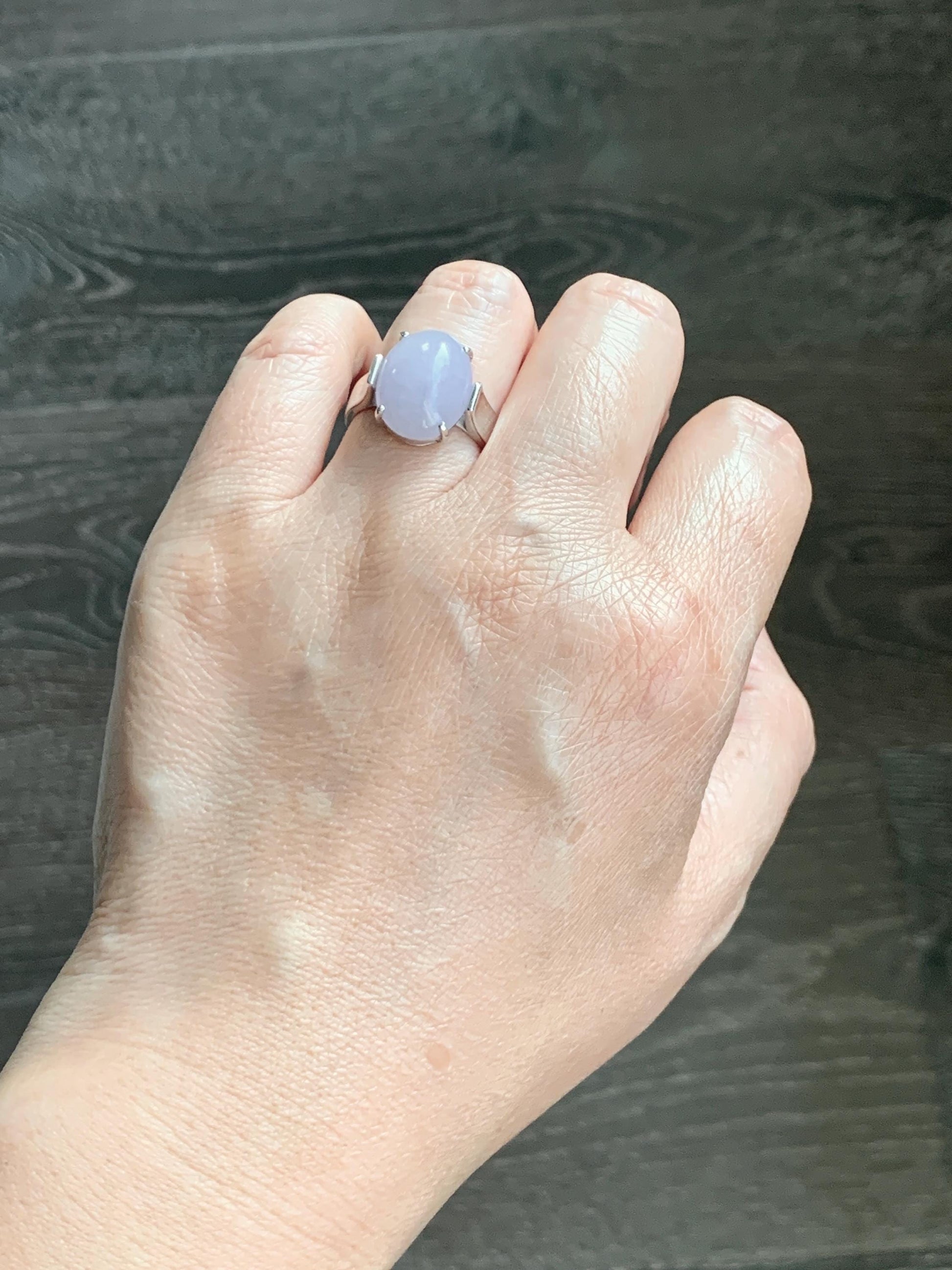 Certified Natural Grade A Icy Translucent Light Purple Large Oval Jade Jadeite Ring Sterling Silver size 7.25 US 6.07g 天然冰淡紫翡翠镶嵌戒指 245