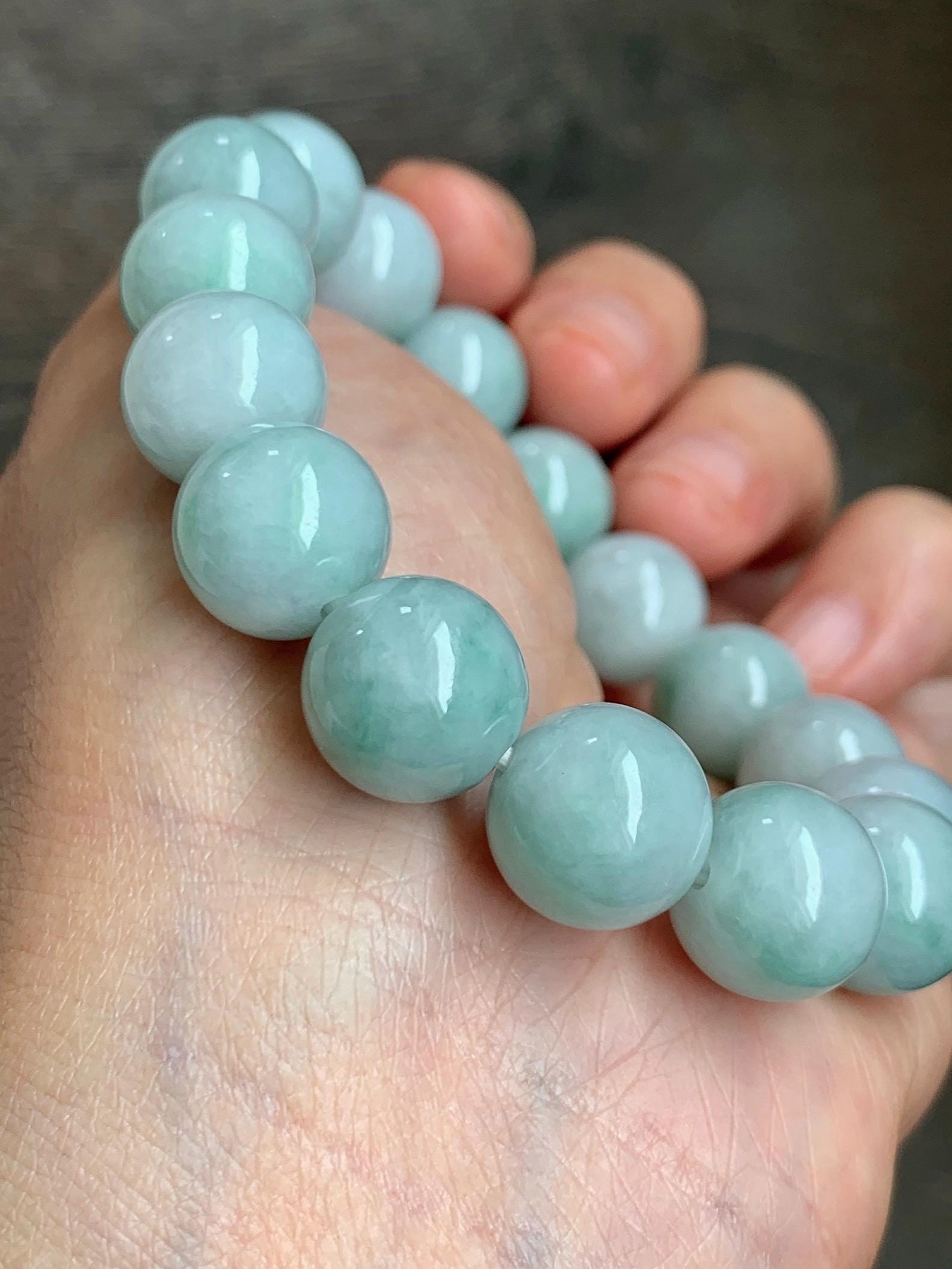 Large Natural Grade A Icy Translucent Pastel Green Marbled Jade Jadeite Beaded Bracelet 12.3mm 7.25" 52g 天然晴底飘花翡翠圆珠手串 MDP110C