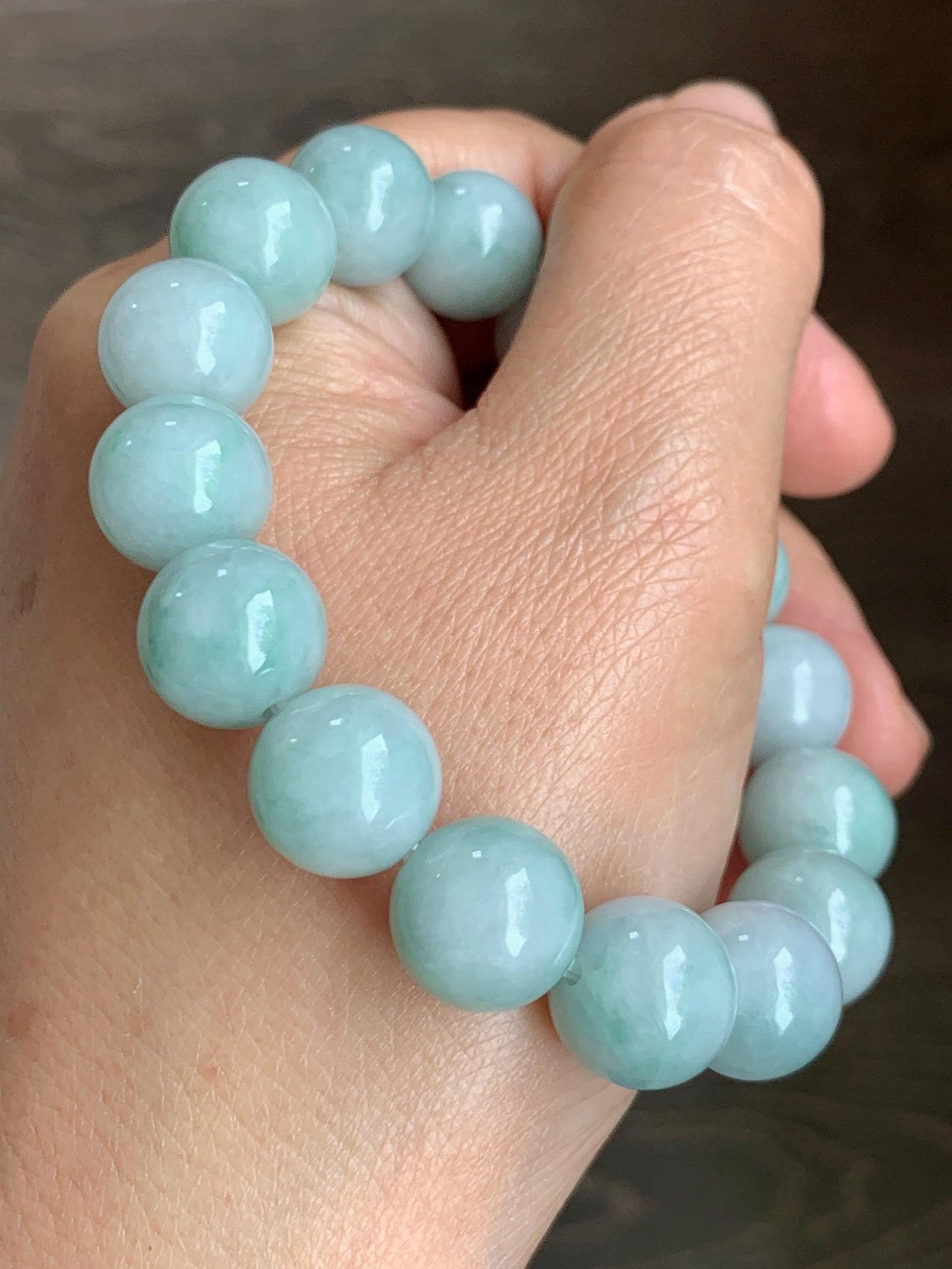 Large Natural Grade A Icy Translucent Pastel Green Marbled Jade Jadeite Beaded Bracelet 12.3mm 7.25" 52g 天然晴底飘花翡翠圆珠手串 MDP110C
