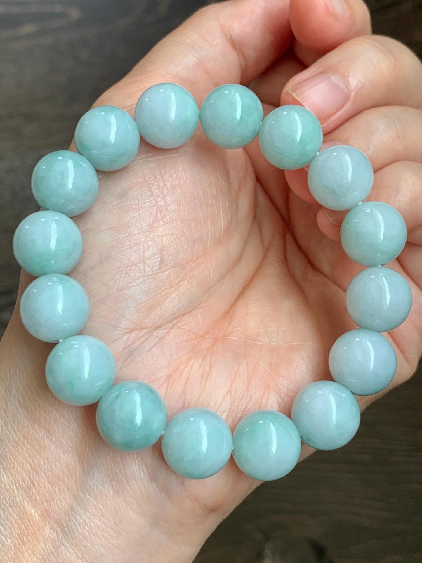 Large Natural Grade A Icy Translucent Pastel Green Marbled Jade Jadeite Beaded Bracelet 12.3mm 7.25" 52g 天然晴底飘花翡翠圆珠手串 MDP110C