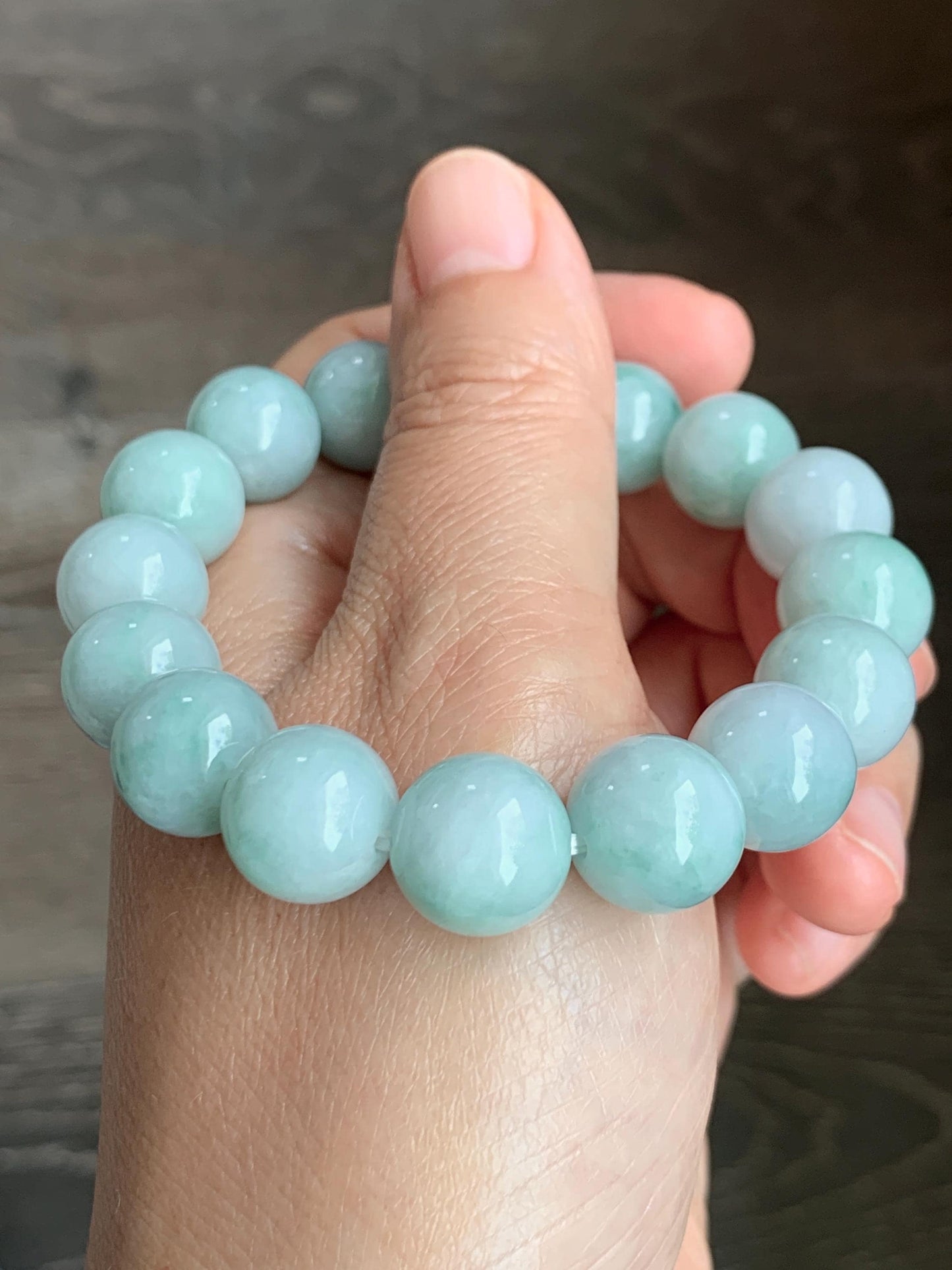 Large Natural Grade A Icy Translucent Pastel Green Marbled Jade Jadeite Beaded Bracelet 12.3mm 7.25" 52g 天然晴底飘花翡翠圆珠手串 MDP110C