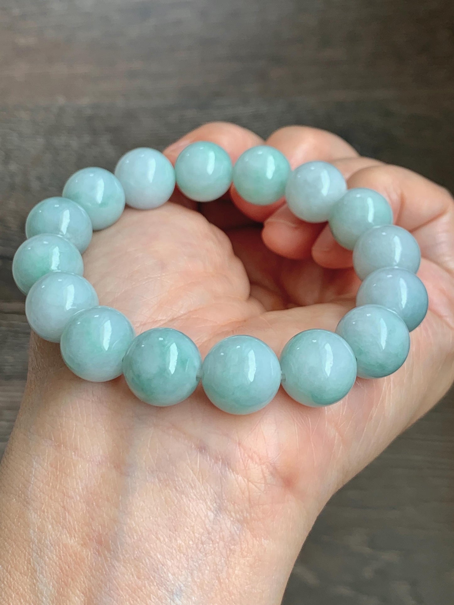 Large Natural Grade A Icy Translucent Pastel Green Marbled Jade Jadeite Beaded Bracelet 12.3mm 7.25" 52g 天然晴底飘花翡翠圆珠手串 MDP110C