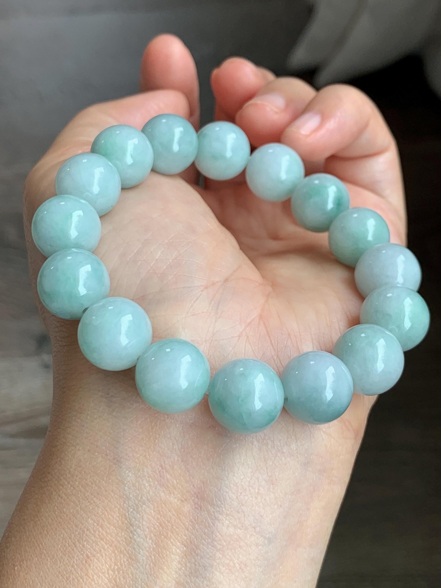 Large Natural Grade A Icy Translucent Pastel Green Marbled Jade Jadeite Beaded Bracelet 12.3mm 7.25" 52g 天然晴底飘花翡翠圆珠手串 MDP110C