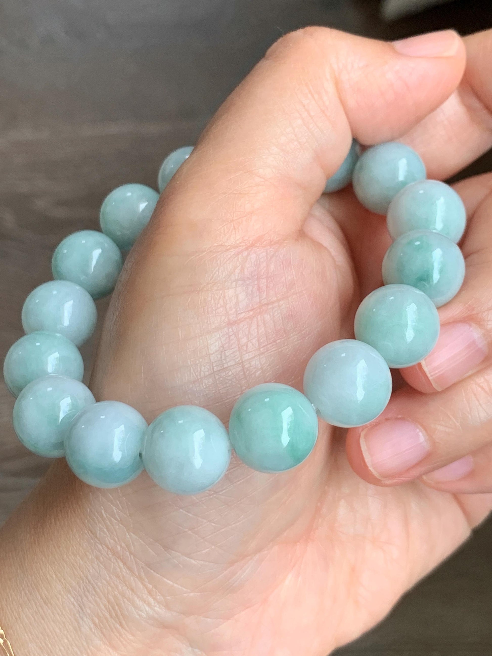 Large Natural Grade A Icy Translucent Pastel Green Marbled Jade Jadeite Beaded Bracelet 12.3mm 7.25" 52g 天然晴底飘花翡翠圆珠手串 MDP110C