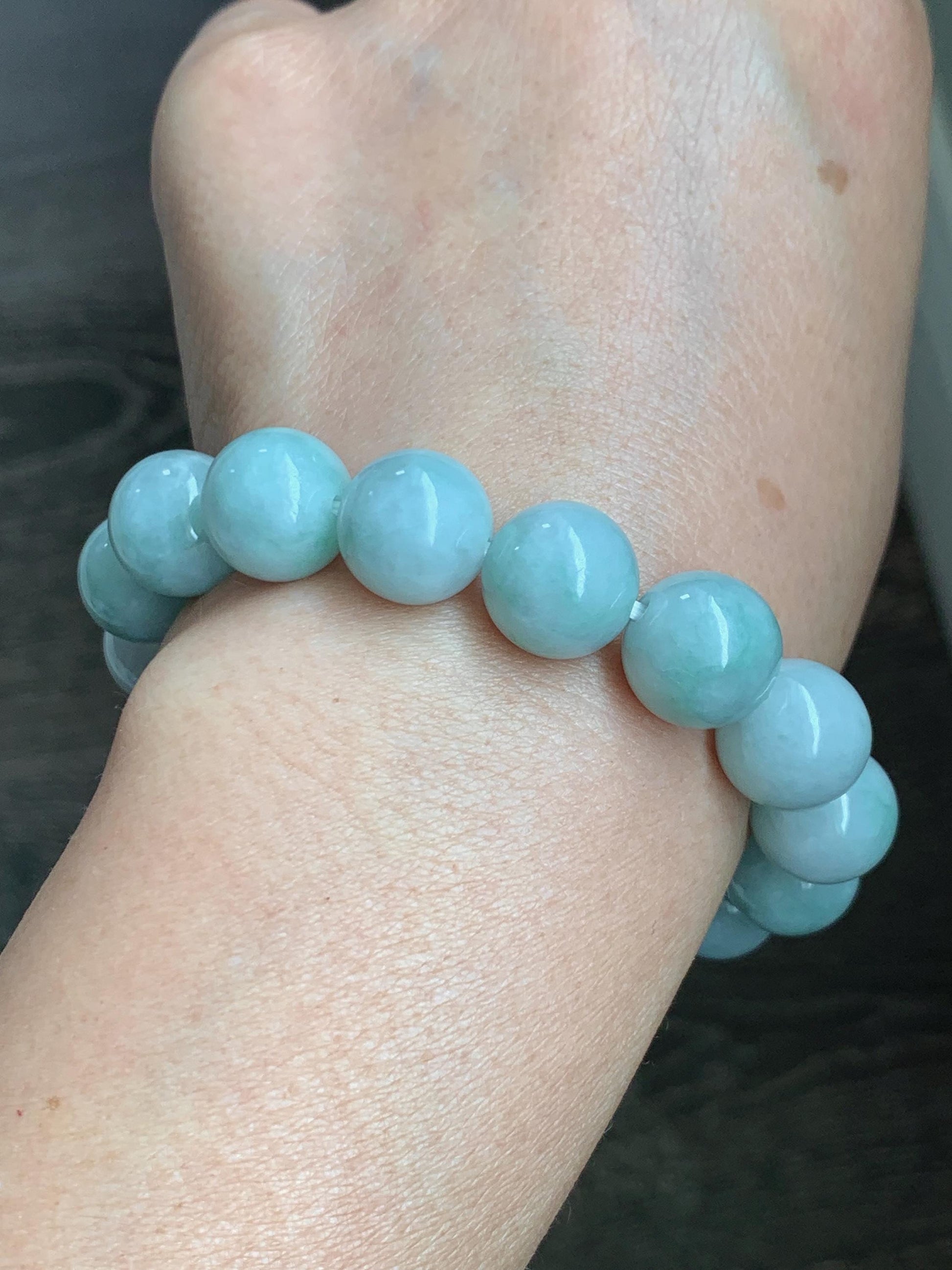 Large Natural Grade A Icy Translucent Pastel Green Marbled Jade Jadeite Beaded Bracelet 12.3mm 7.25" 52g 天然晴底飘花翡翠圆珠手串 MDP110C