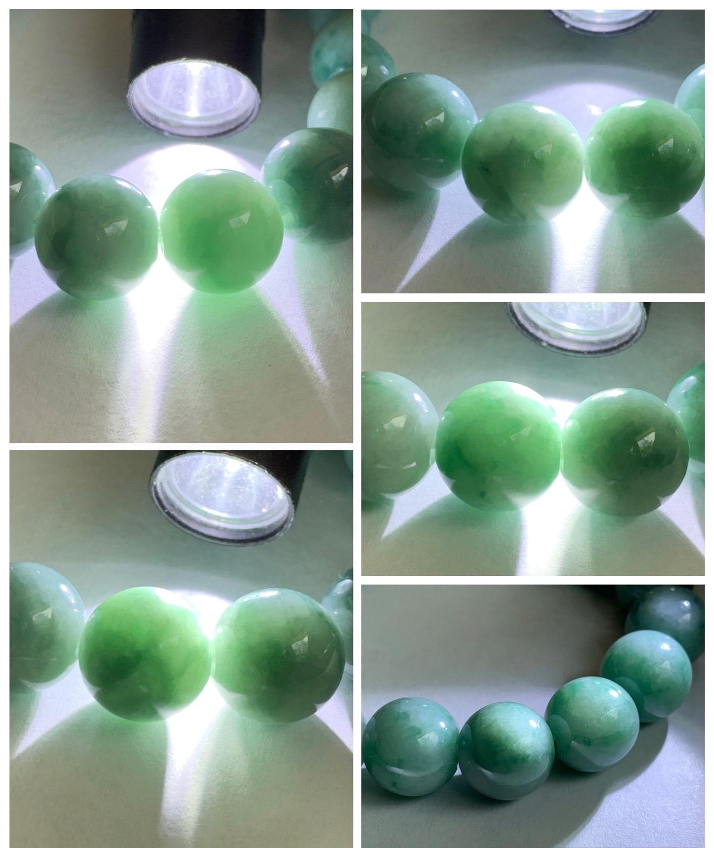 Large Natural Grade A Icy Translucent Pastel Green Dark Green Marbled Jade Jadeite Beaded Bracelet 12.3mm 7" 50g 天然晴底飘花翡翠圆珠手串 MDP110B