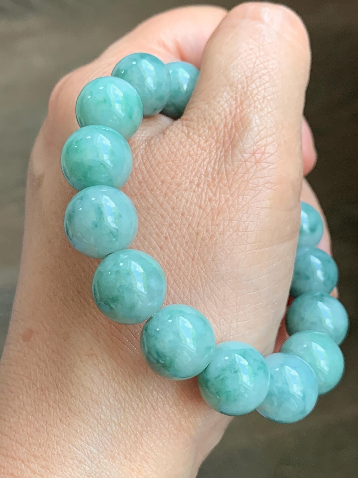 Large Natural Grade A Icy Translucent Pastel Green Dark Green Marbled Jade Jadeite Beaded Bracelet 12.3mm 7" 50g 天然晴底飘花翡翠圆珠手串 MDP110B