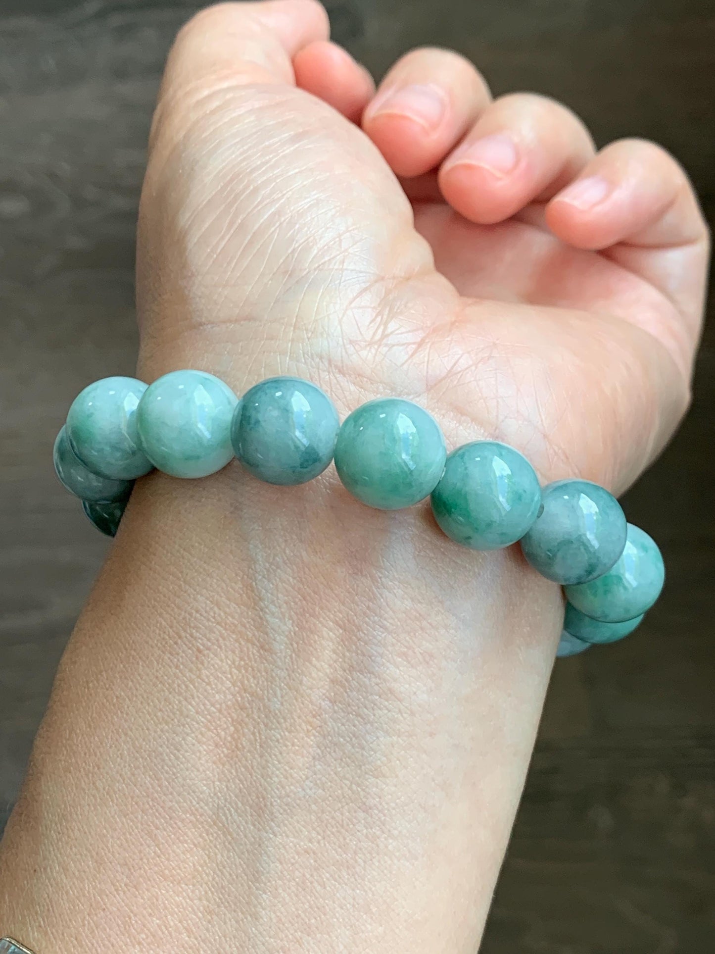 Large Natural Grade A Icy Translucent Pastel Green Dark Green Marbled Jade Jadeite Beaded Bracelet 12.3mm 7" 50g 天然晴底飘花翡翠圆珠手串 MDP110B