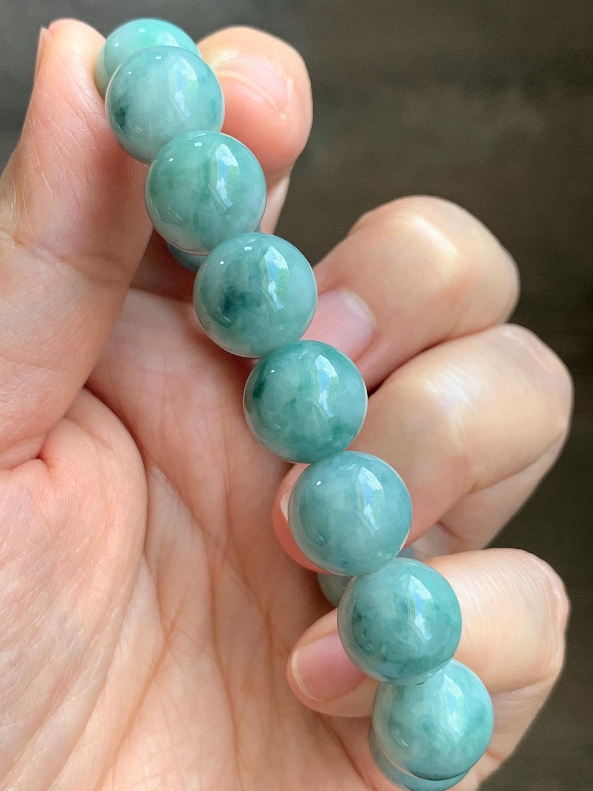 Large Natural Grade A Icy Translucent Pastel Green Dark Green Marbled Jade Jadeite Beaded Bracelet 12.3mm 7" 50g 天然晴底飘花翡翠圆珠手串 MDP110B