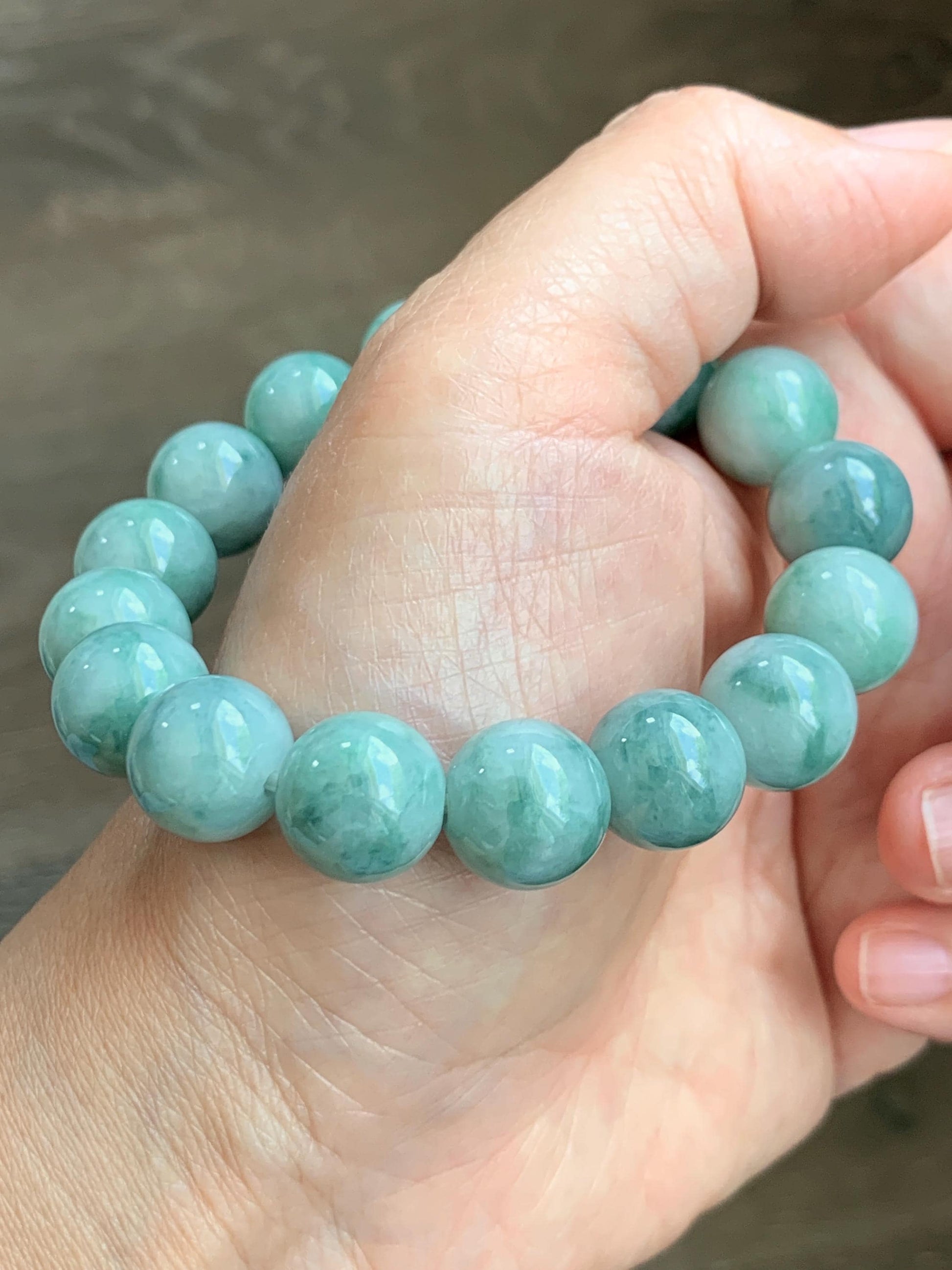 Large Natural Grade A Icy Translucent Pastel Green Dark Green Marbled Jade Jadeite Beaded Bracelet 12.3mm 7" 50g 天然晴底飘花翡翠圆珠手串 MDP110B
