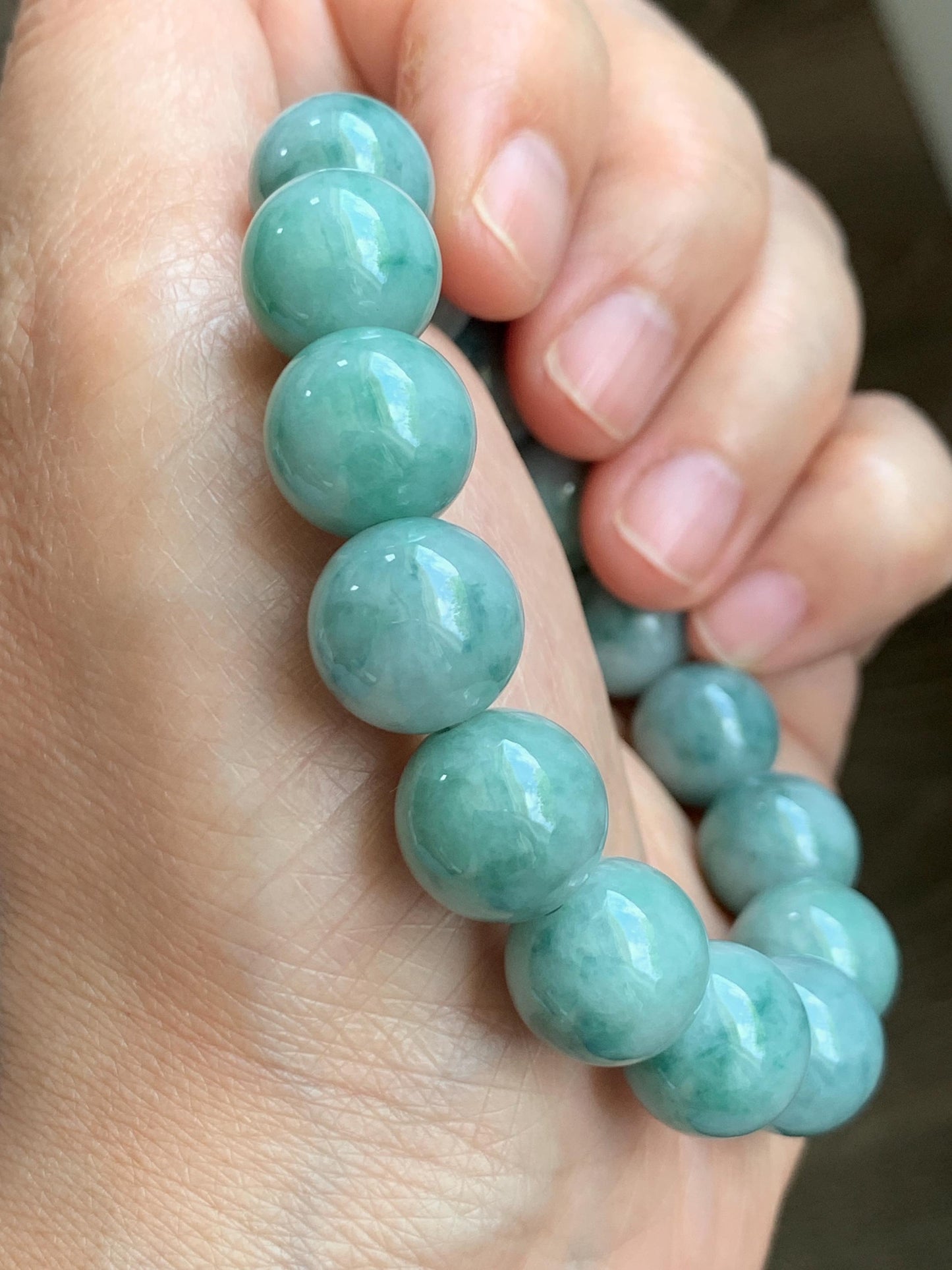 Large Natural Grade A Icy Translucent Pastel Green Dark Green Marbled Jade Jadeite Beaded Bracelet 12.3mm 7" 50g 天然晴底飘花翡翠圆珠手串 MDP110B