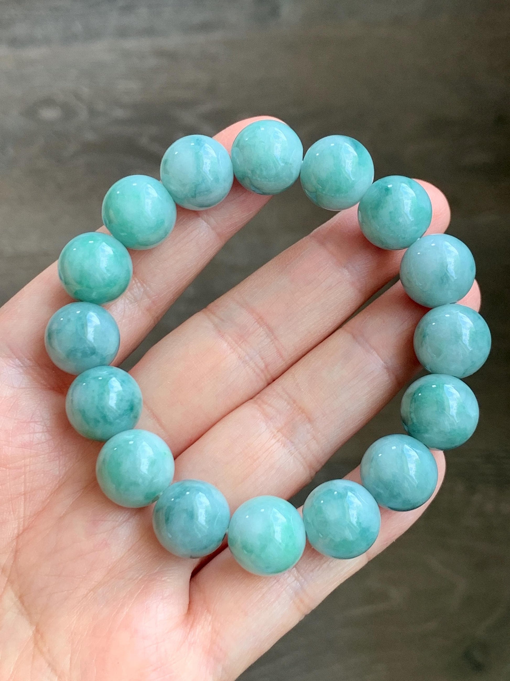 Large Natural Grade A Icy Translucent Pastel Green Dark Green Marbled Jade Jadeite Beaded Bracelet 12.3mm 7" 50g 天然晴底飘花翡翠圆珠手串 MDP110B