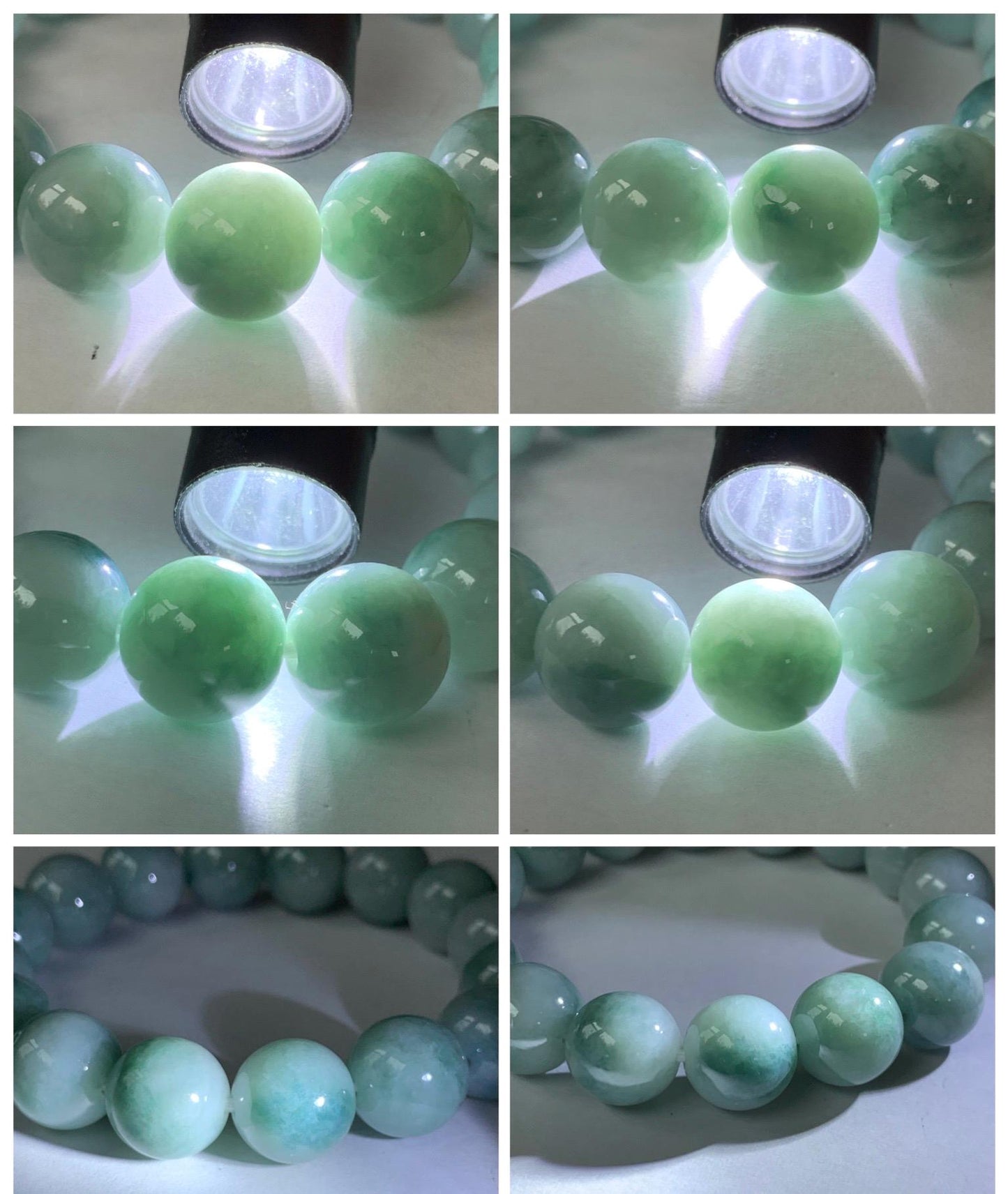 Large Natural Grade A Icy Translucent Pastel Green Dark Green Marbled Jade Jadeite Beaded Bracelet 12.3mm 7.25" 51g 天然晴底飘花翡翠圆珠手串 MDP110A