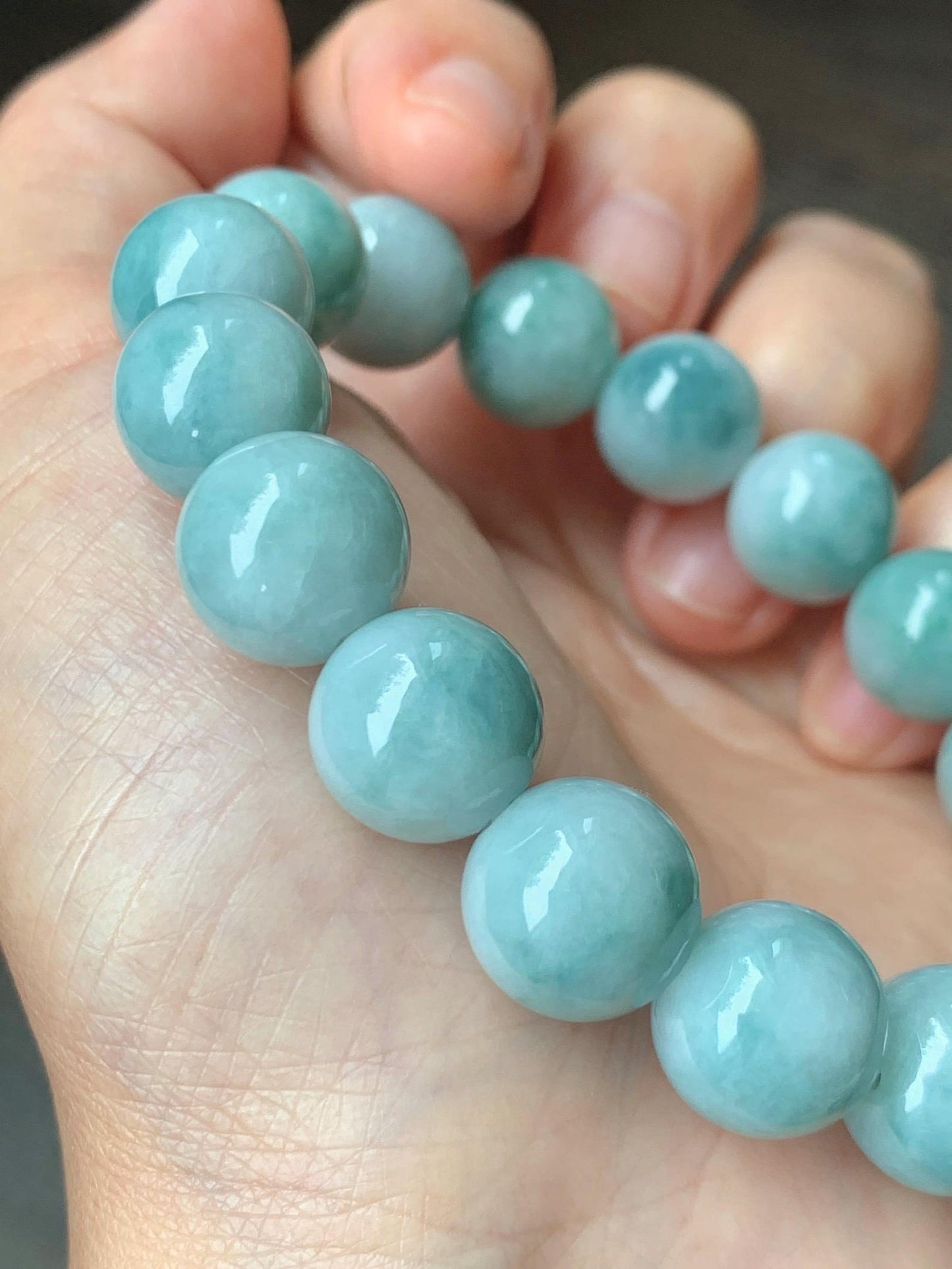 Large Natural Grade A Icy Translucent Pastel Green Dark Green Marbled Jade Jadeite Beaded Bracelet 12.3mm 7.25" 51g 天然晴底飘花翡翠圆珠手串 MDP110A