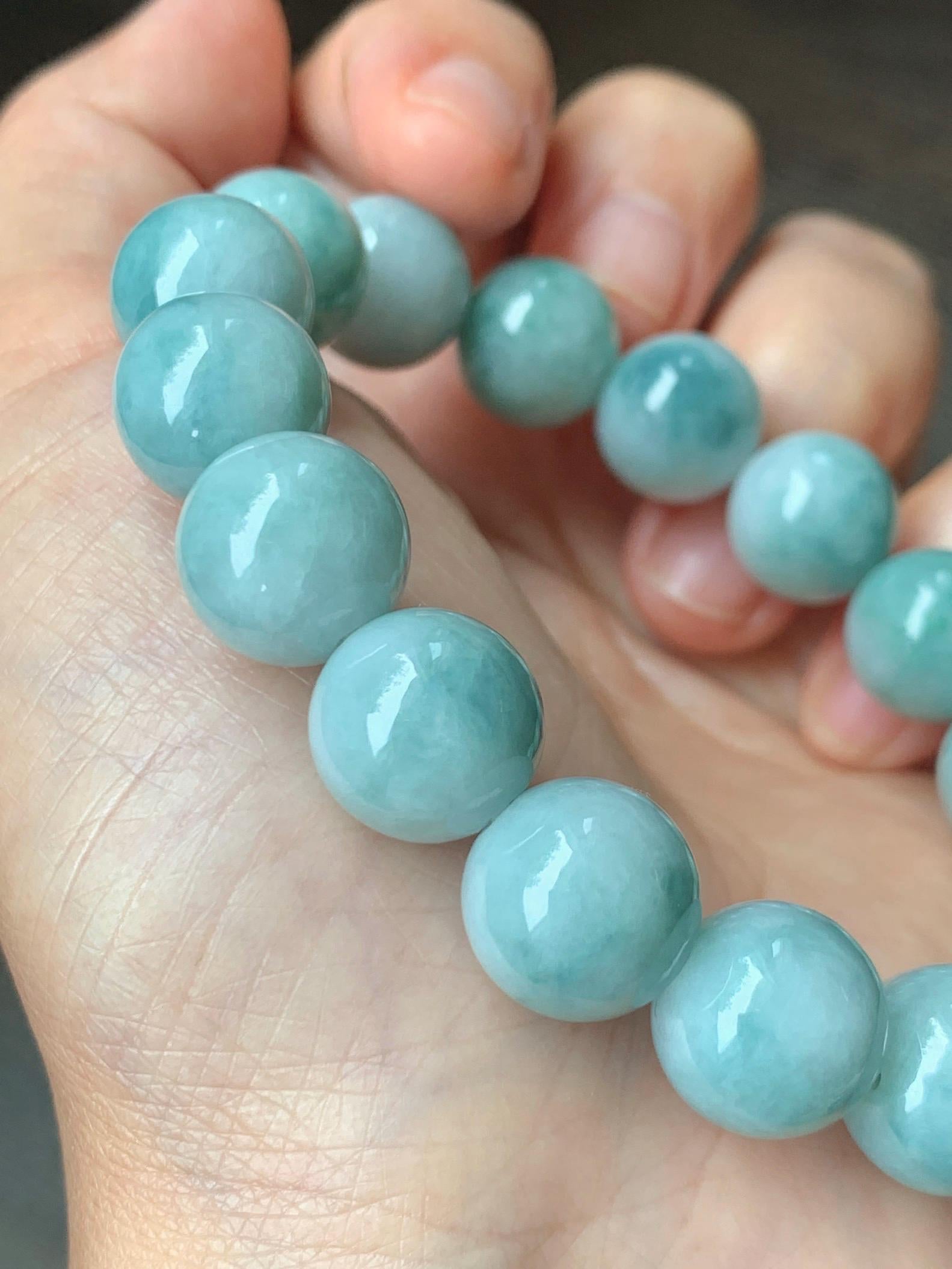 Large Natural Grade A Icy Translucent Pastel Green Dark Green Marbled Jade Jadeite Beaded Bracelet 12.3mm 7.25" 51g 天然晴底飘花翡翠圆珠手串 MDP110A
