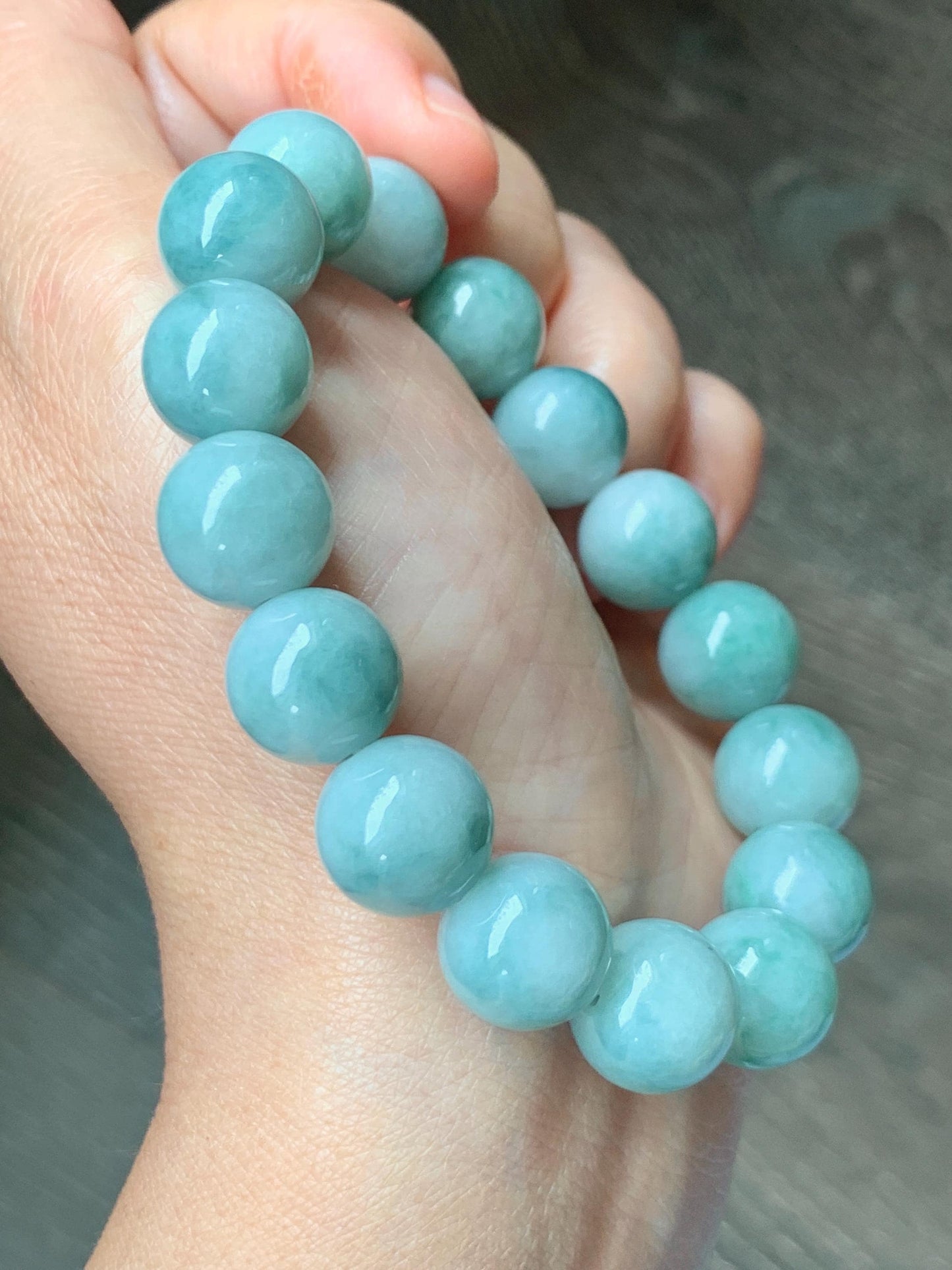 Large Natural Grade A Icy Translucent Pastel Green Dark Green Marbled Jade Jadeite Beaded Bracelet 12.3mm 7.25" 51g 天然晴底飘花翡翠圆珠手串 MDP110A