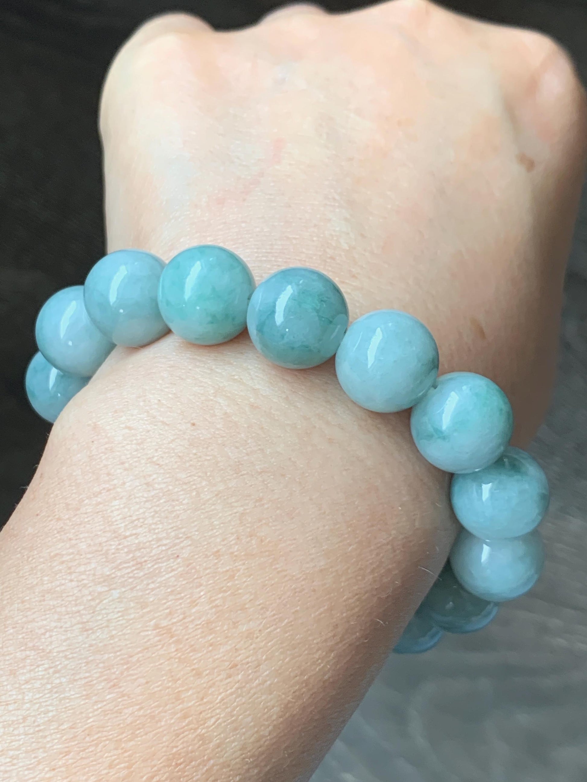 Large Natural Grade A Icy Translucent Pastel Green Dark Green Marbled Jade Jadeite Beaded Bracelet 12.3mm 7.25" 51g 天然晴底飘花翡翠圆珠手串 MDP110A