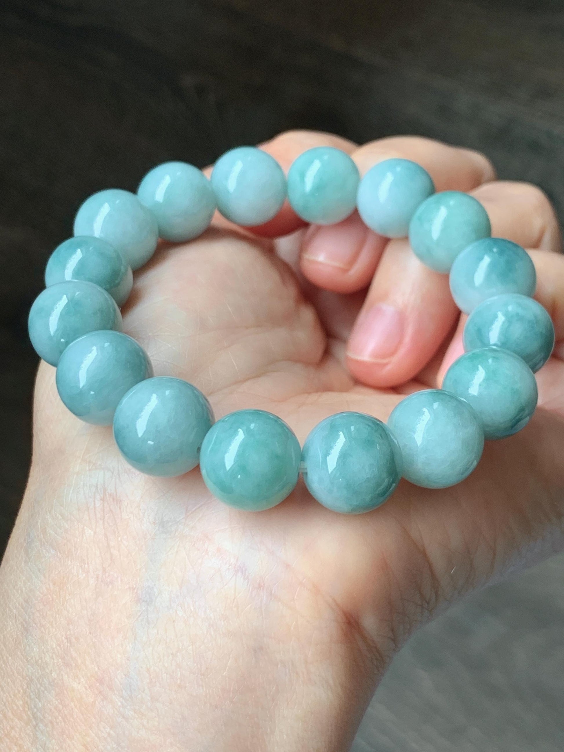 Large Natural Grade A Icy Translucent Pastel Green Dark Green Marbled Jade Jadeite Beaded Bracelet 12.3mm 7.25" 51g 天然晴底飘花翡翠圆珠手串 MDP110A
