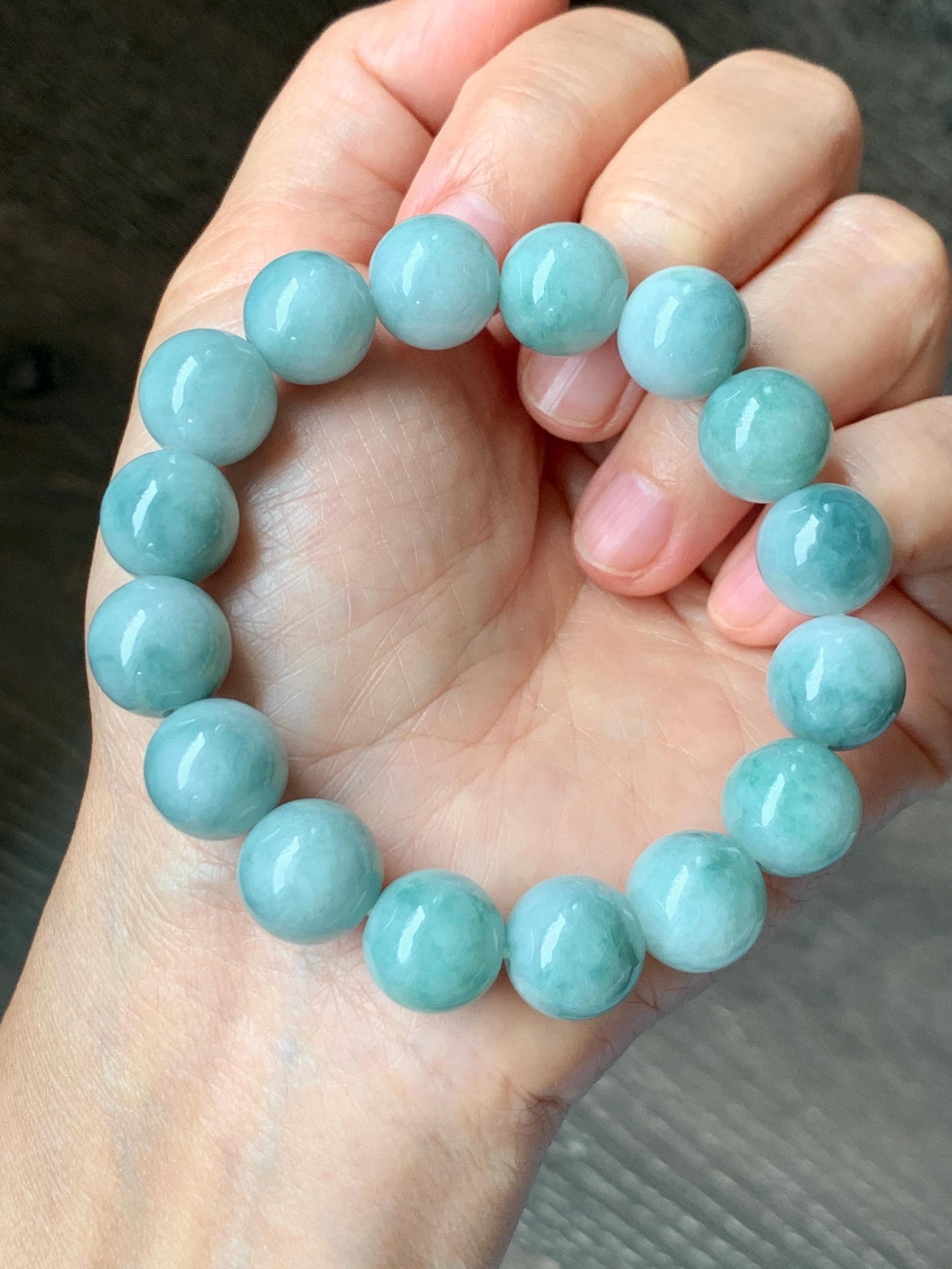 Large Natural Grade A Icy Translucent Pastel Green Dark Green Marbled Jade Jadeite Beaded Bracelet 12.3mm 7.25" 51g 天然晴底飘花翡翠圆珠手串 MDP110A