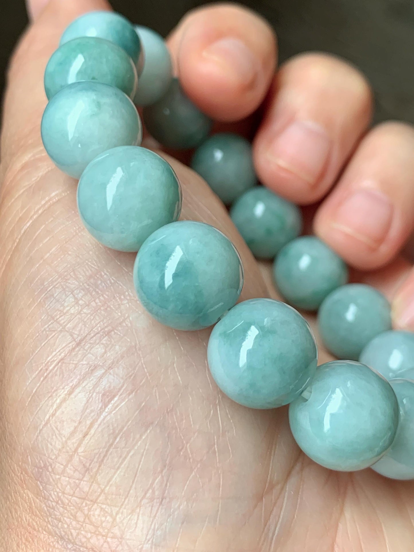 Large Natural Grade A Icy Translucent Pastel Green Dark Green Marbled Jade Jadeite Beaded Bracelet 12.3mm 7.25" 51g 天然晴底飘花翡翠圆珠手串 MDP110A