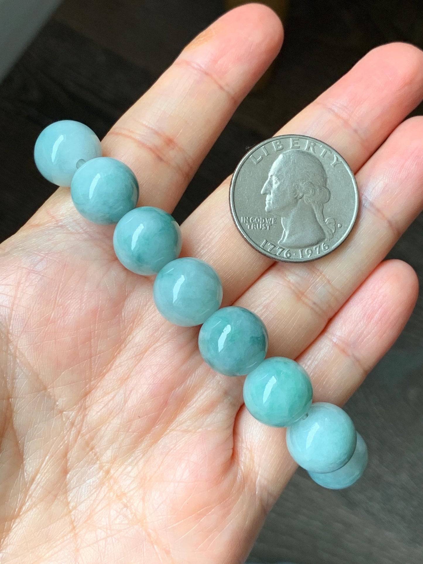 Large Natural Grade A Icy Translucent Pastel Green Dark Green Marbled Jade Jadeite Beaded Bracelet 12.3mm 7.25" 51g 天然晴底飘花翡翠圆珠手串 MDP110A