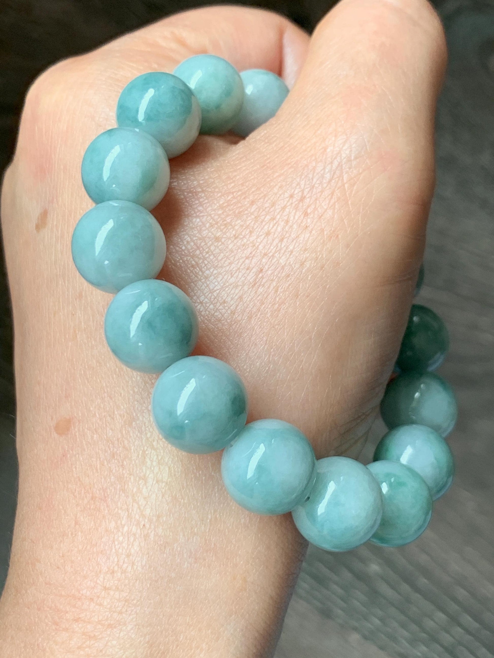 Large Natural Grade A Icy Translucent Pastel Green Dark Green Marbled Jade Jadeite Beaded Bracelet 12.3mm 7.25" 51g 天然晴底飘花翡翠圆珠手串 MDP110A