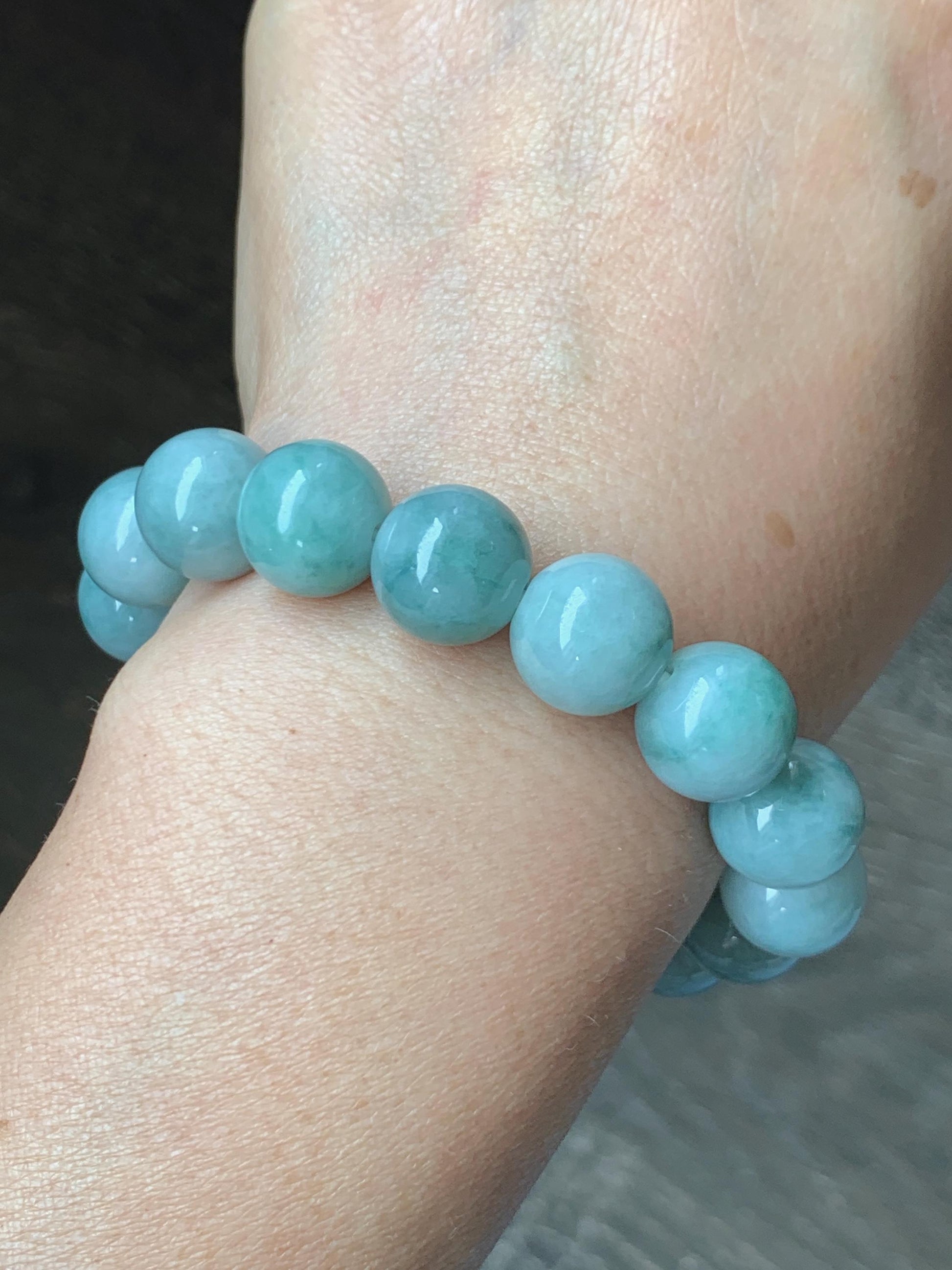 Large Natural Grade A Icy Translucent Pastel Green Dark Green Marbled Jade Jadeite Beaded Bracelet 12.3mm 7.25" 51g 天然晴底飘花翡翠圆珠手串 MDP110A