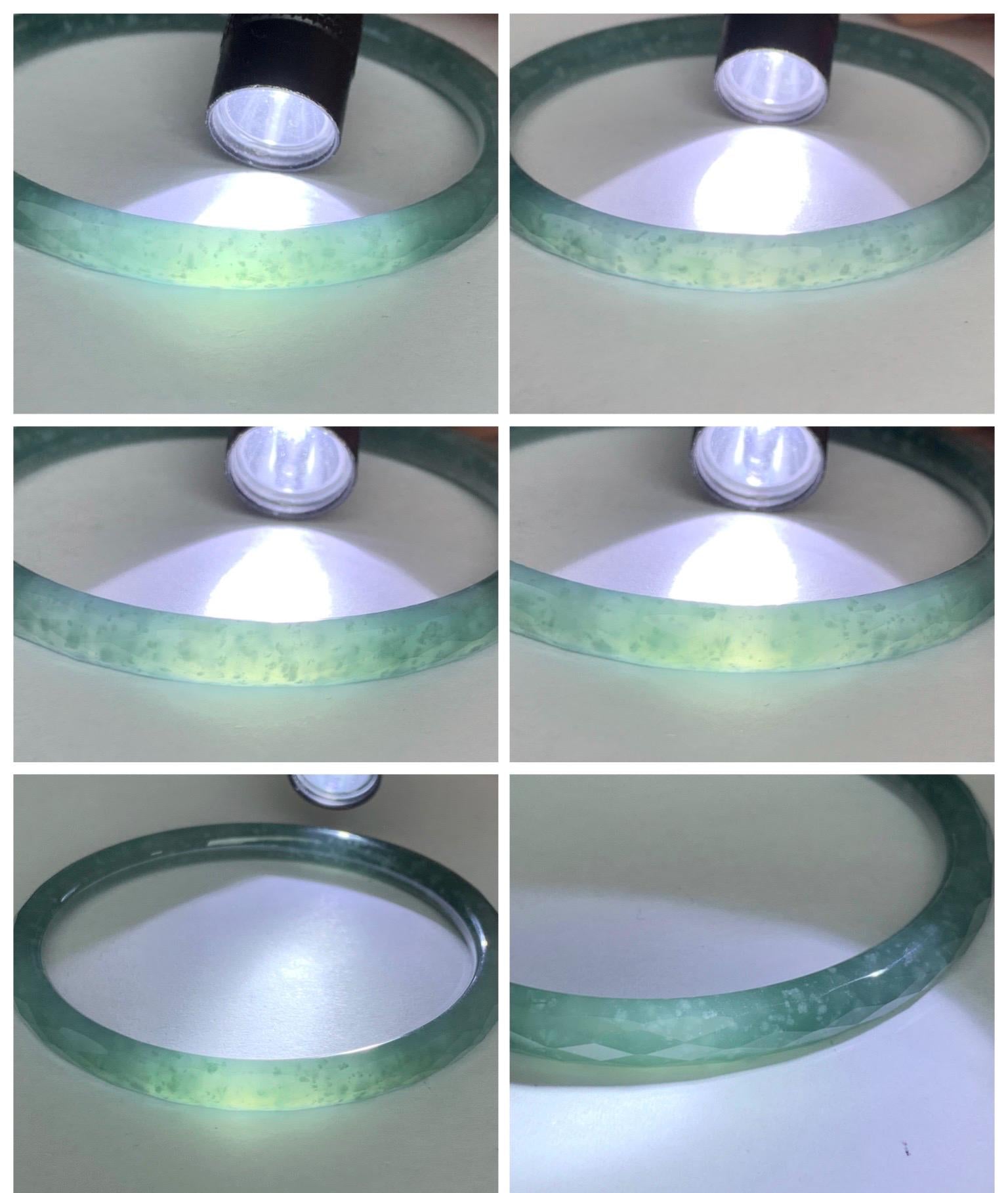 Certified Natural Grade A Guatemalan Icy Translucent Dusty Teal Jade Jadeite Diamond Faceted Bangle 59mm 7.29” 19g 天然冰危蓝绿翡翠细圆条切割面手镯 185