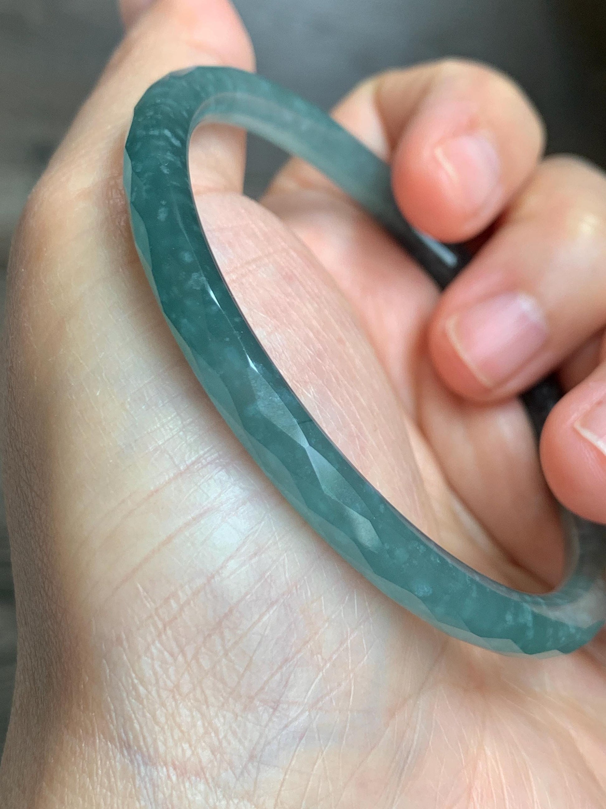 Certified Natural Grade A Guatemalan Icy Translucent Dusty Teal Jade Jadeite Diamond Faceted Bangle 59mm 7.29” 19g 天然冰危蓝绿翡翠细圆条切割面手镯 185