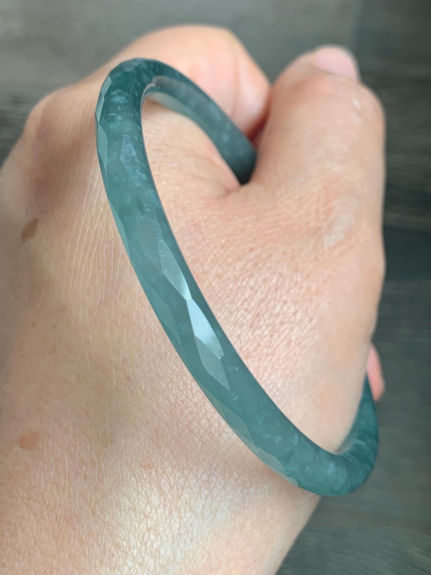 Certified Natural Grade A Guatemalan Icy Translucent Dusty Teal Jade Jadeite Diamond Faceted Bangle 59mm 7.29” 19g 天然冰危蓝绿翡翠细圆条切割面手镯 185