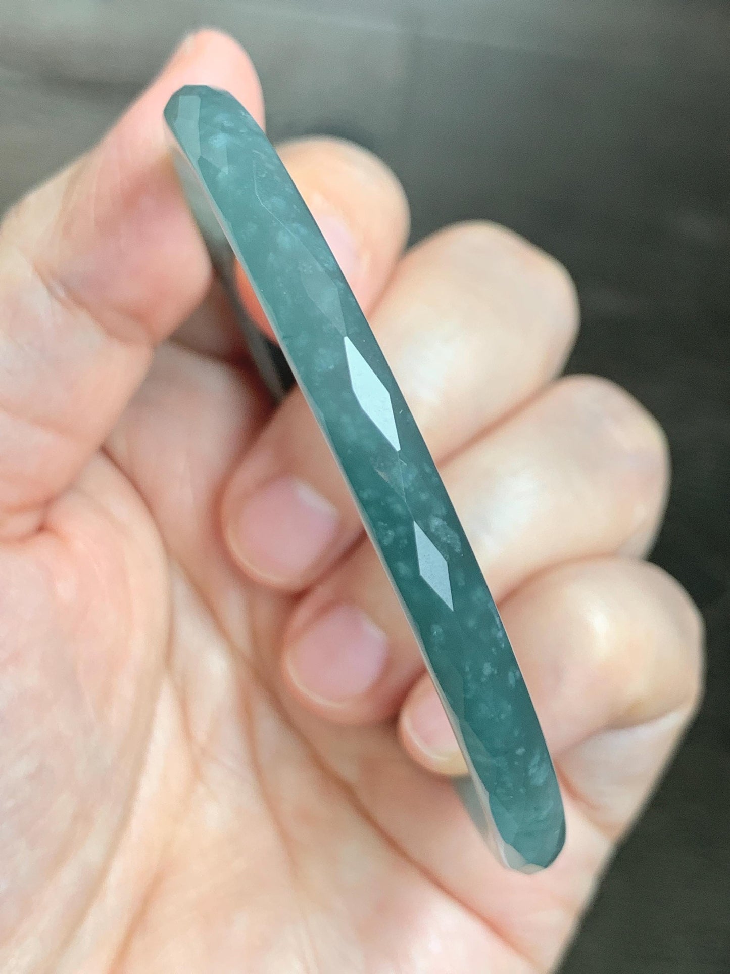 Certified Natural Grade A Guatemalan Icy Translucent Dusty Teal Jade Jadeite Diamond Faceted Bangle 59mm 7.29” 19g 天然冰危蓝绿翡翠细圆条切割面手镯 185