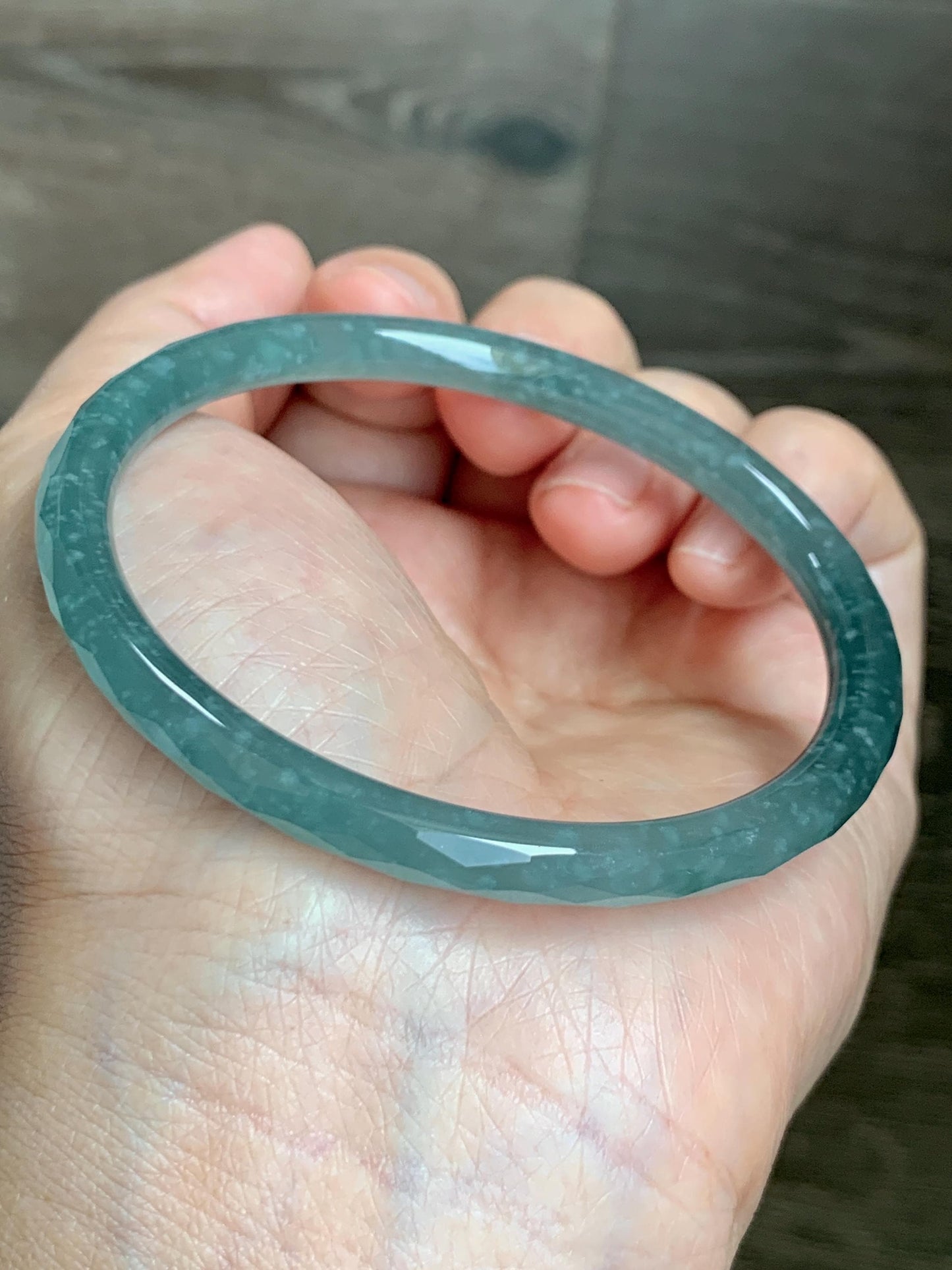 Certified Natural Grade A Guatemalan Icy Translucent Dusty Teal Jade Jadeite Diamond Faceted Bangle 59mm 7.29” 19g 天然冰危蓝绿翡翠细圆条切割面手镯 185