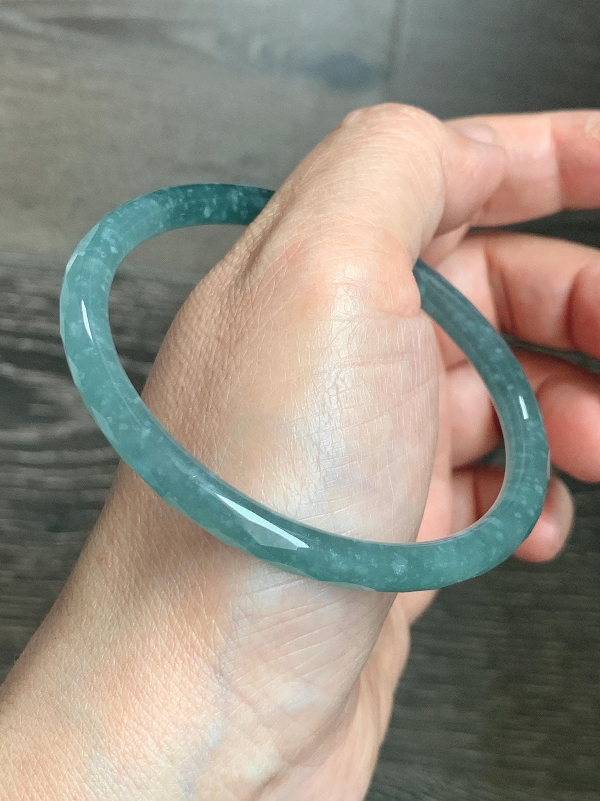 Certified Natural Grade A Guatemalan Icy Translucent Dusty Teal Jade Jadeite Diamond Faceted Bangle 59mm 7.29” 19g 天然冰危蓝绿翡翠细圆条切割面手镯 185