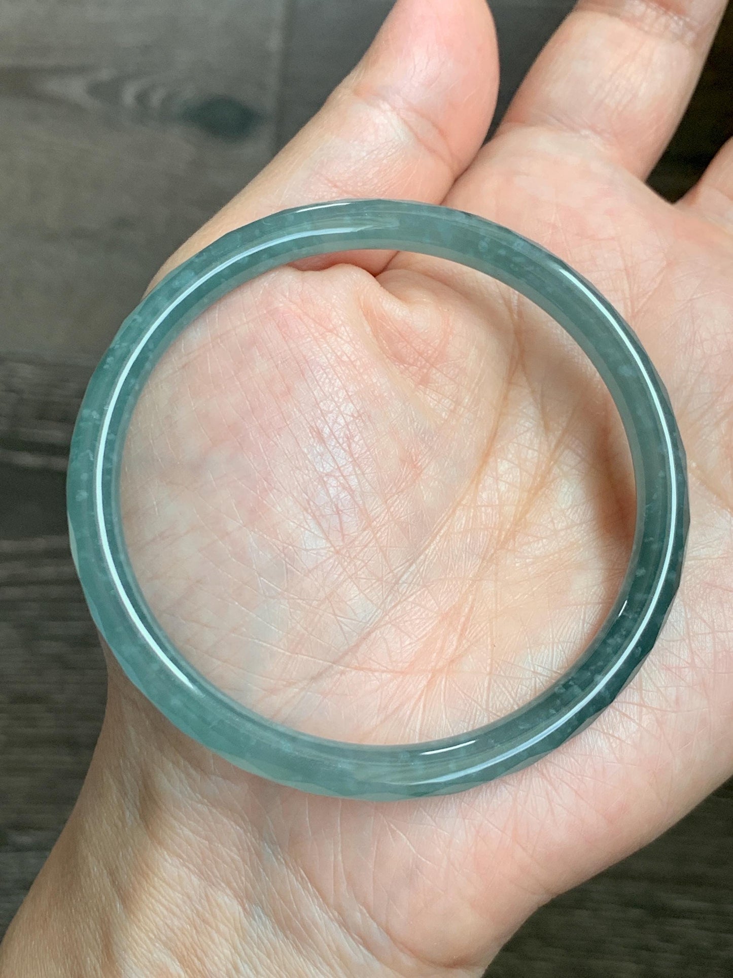 Certified Natural Grade A Guatemalan Icy Translucent Dusty Teal Jade Jadeite Diamond Faceted Bangle 59mm 7.29” 19g 天然冰危蓝绿翡翠细圆条切割面手镯 185