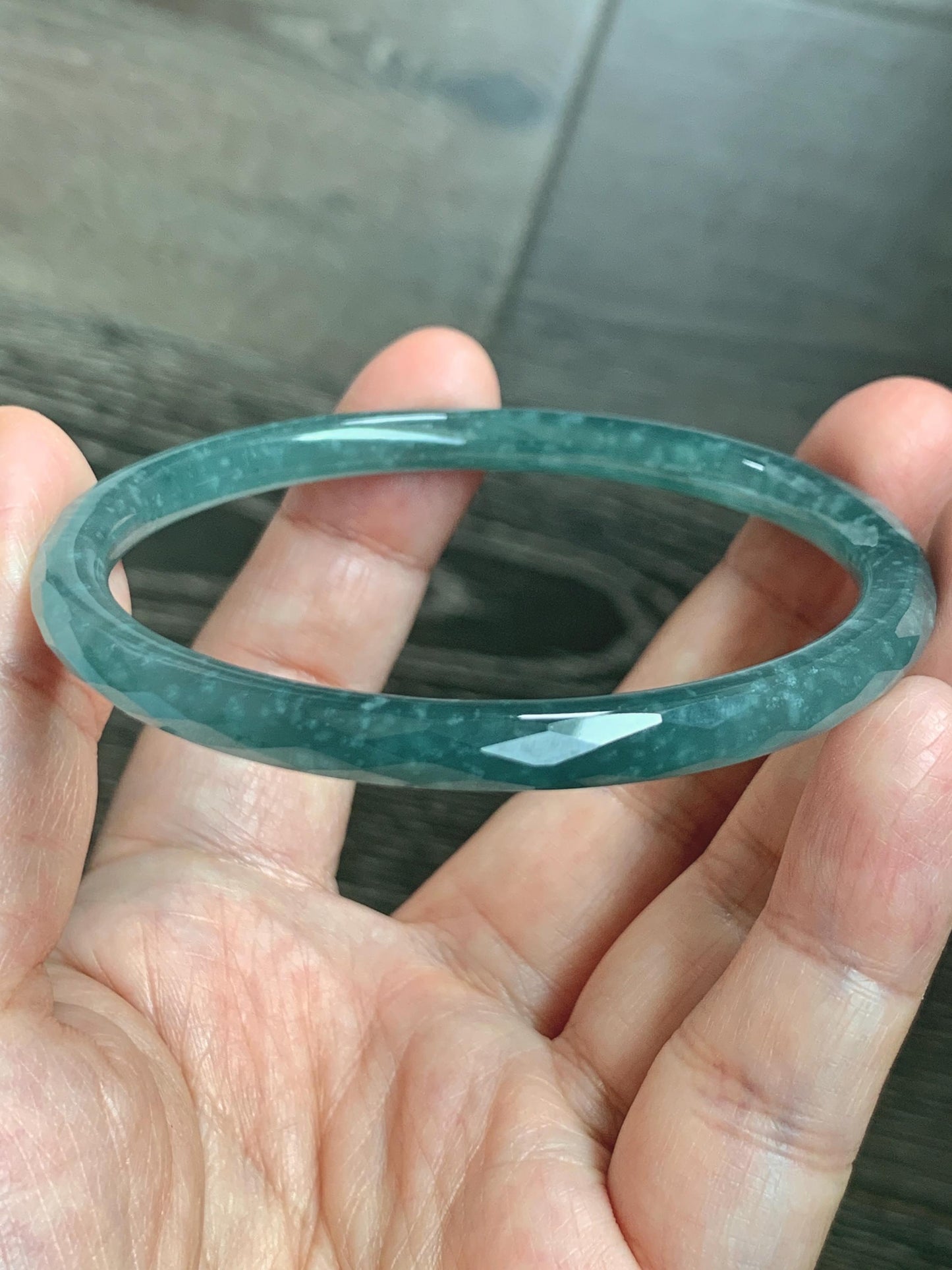 Certified Natural Grade A Guatemalan Icy Translucent Dusty Teal Jade Jadeite Diamond Faceted Bangle 59mm 7.29” 19g 天然冰危蓝绿翡翠细圆条切割面手镯 185