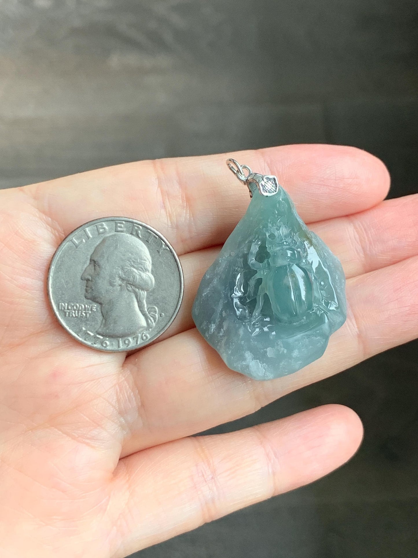 Natural Grade A Guatemalan Icy Translucent Dusty Blue Jade Jadeite with Rind Carved Beetle Pendant Sterling Silver 天然冰危蓝翡翠皮壳料甲壳虫吊坠 WPKB110