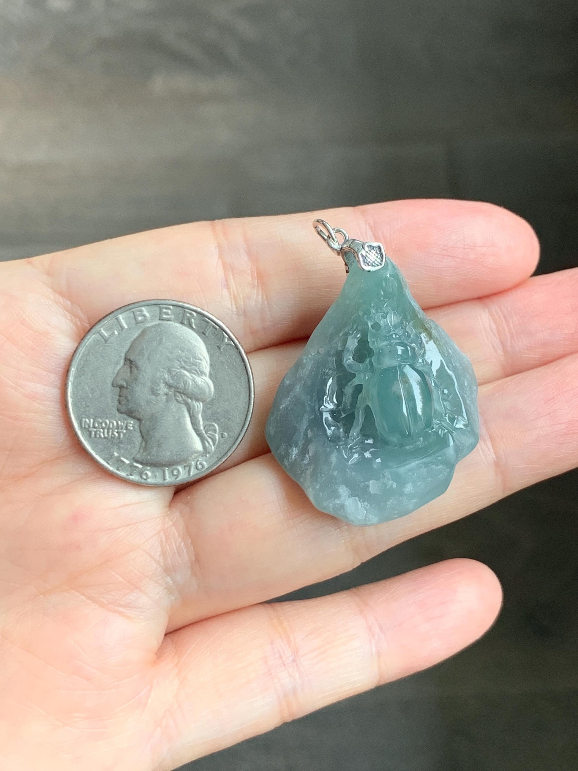 Natural Grade A Guatemalan Icy Translucent Dusty Blue Jade Jadeite with Rind Carved Beetle Pendant Sterling Silver 天然冰危蓝翡翠皮壳料甲壳虫吊坠 WPKB110