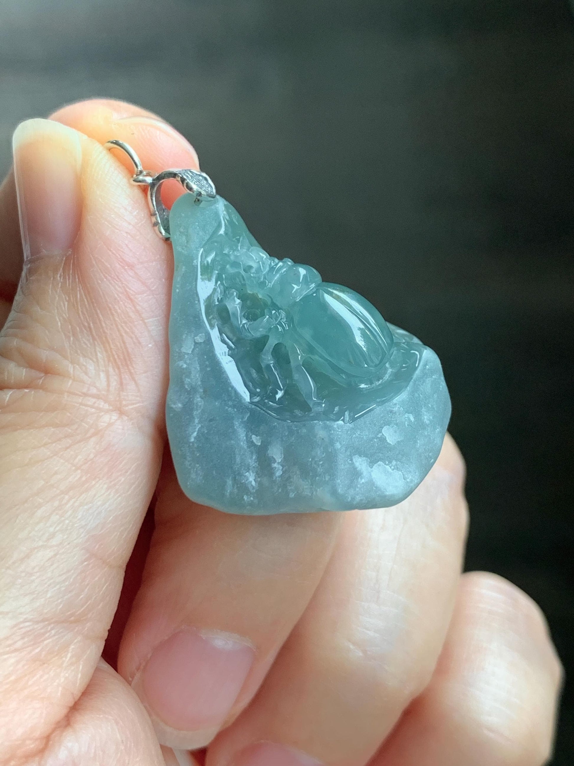Natural Grade A Guatemalan Icy Translucent Dusty Blue Jade Jadeite with Rind Carved Beetle Pendant Sterling Silver 天然冰危蓝翡翠皮壳料甲壳虫吊坠 WPKB110