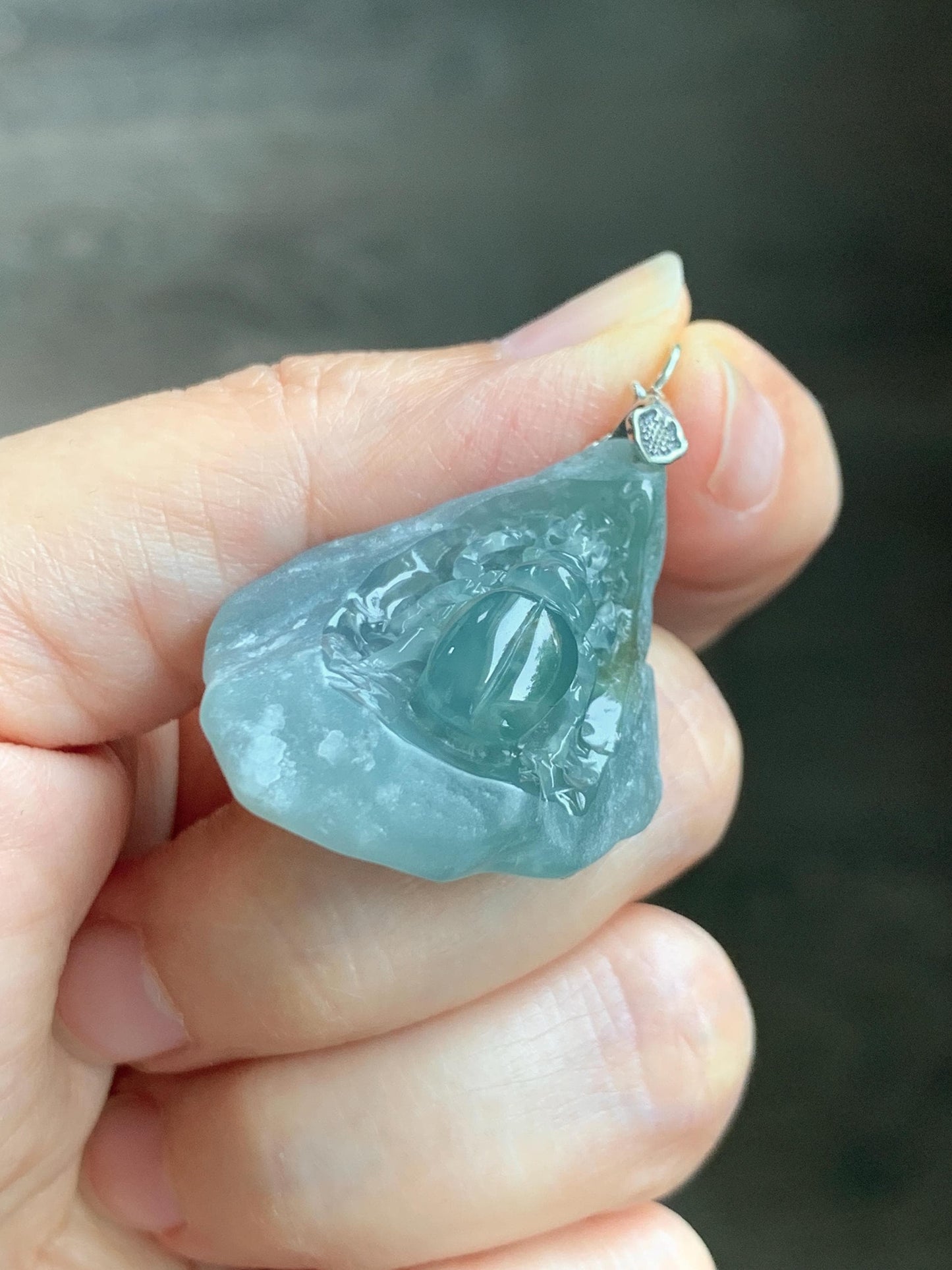 Natural Grade A Guatemalan Icy Translucent Dusty Blue Jade Jadeite with Rind Carved Beetle Pendant Sterling Silver 天然冰危蓝翡翠皮壳料甲壳虫吊坠 WPKB110