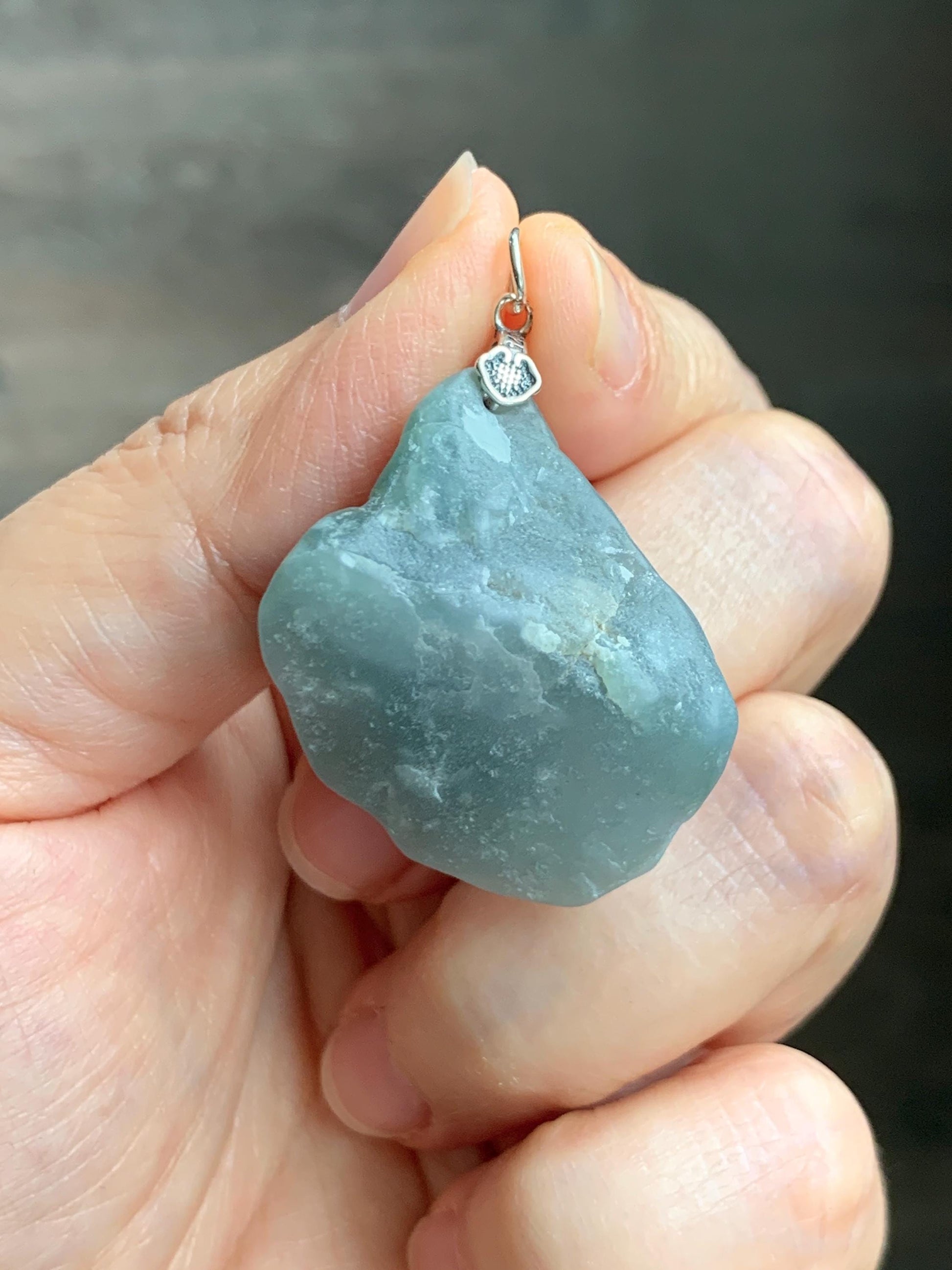 Natural Grade A Guatemalan Icy Translucent Dusty Blue Jade Jadeite with Rind Carved Beetle Pendant Sterling Silver 天然冰危蓝翡翠皮壳料甲壳虫吊坠 WPKB110